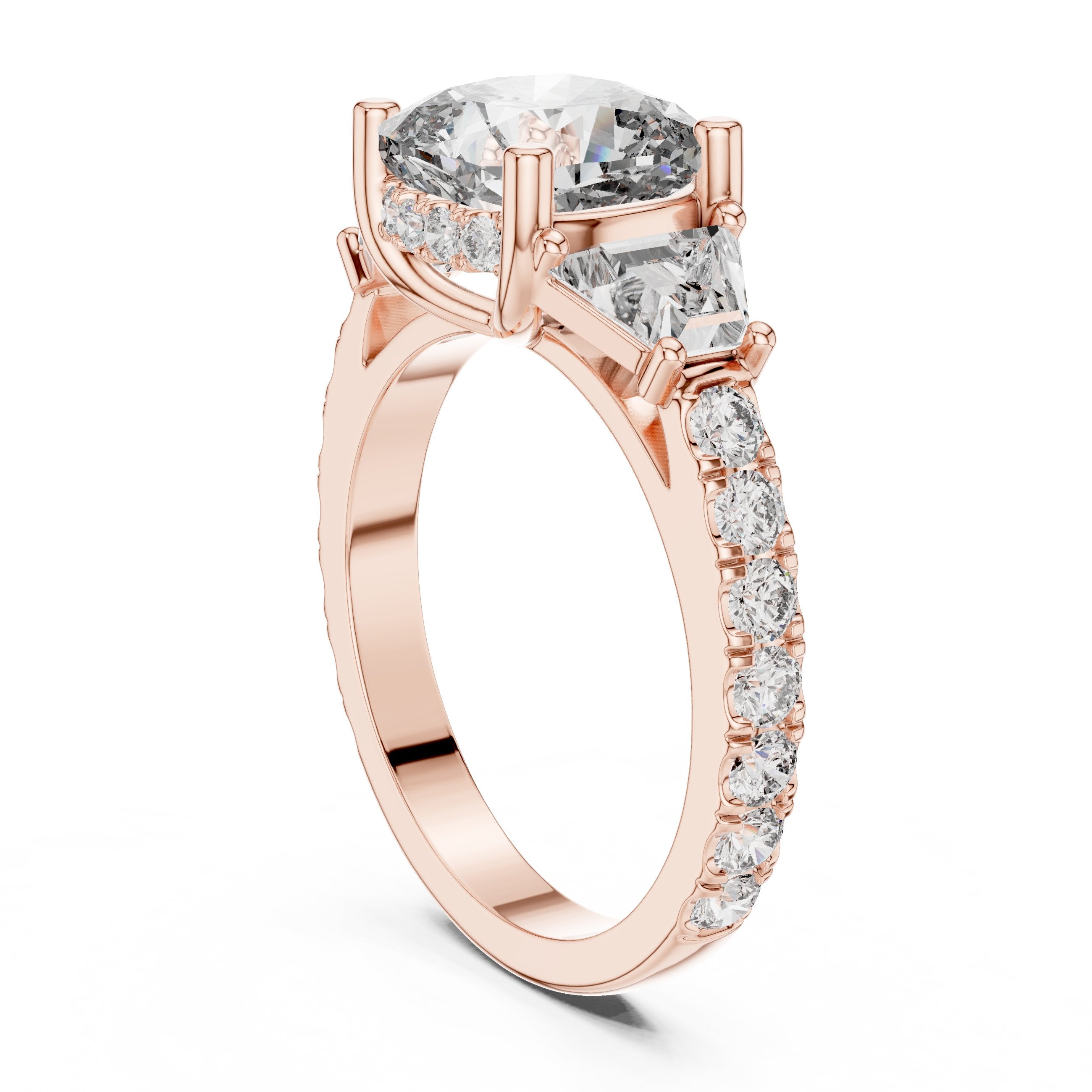 Cushion Cut Three Stone Halo Engagement Ring with Baguette Sides and Pavé Band in Rose Gold - VYKA Diamonds