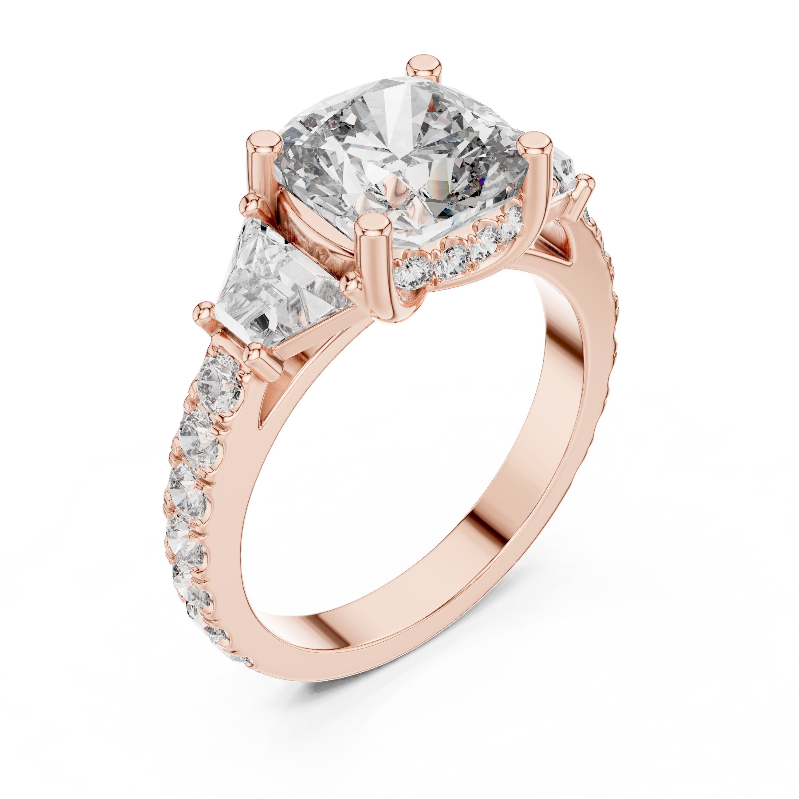 Cushion Cut Three Stone Halo Engagement Ring with Baguette Sides and Pavé Band in Rose Gold - VYKA Diamonds