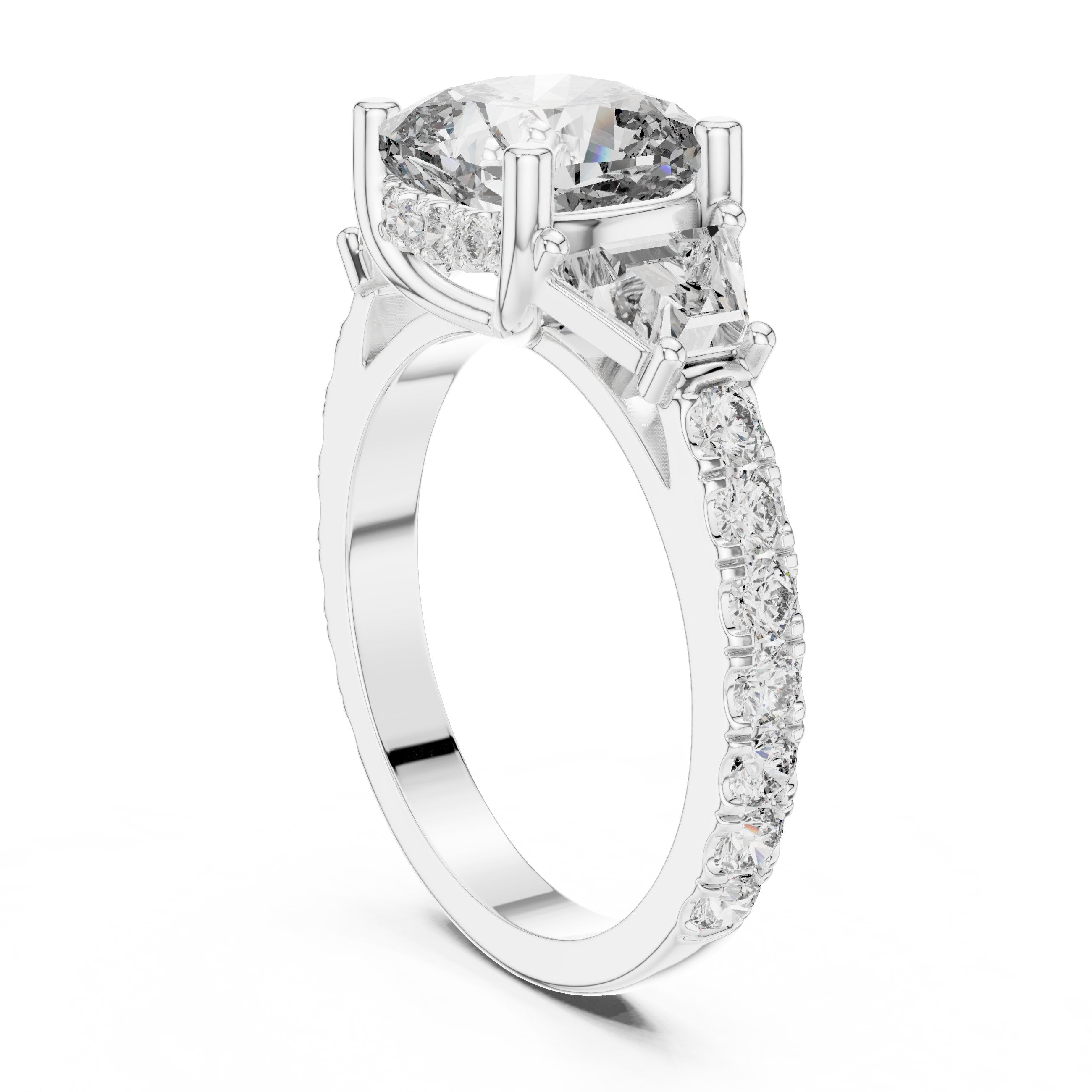 Cushion Cut Three Stone Halo Engagement Ring with Baguette Sides and Pavé Band in White Gold - VYKA Diamonds