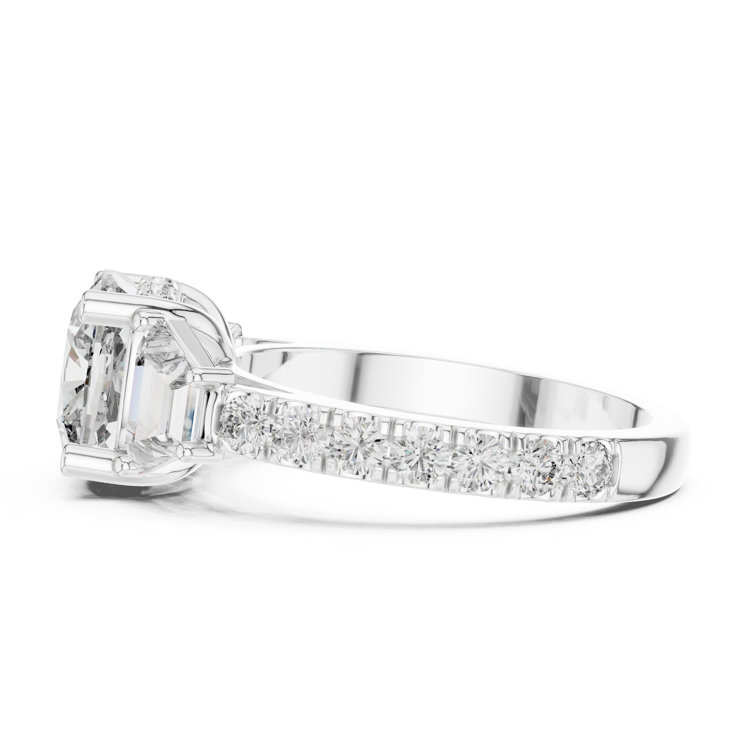 Cushion Cut Three Stone Halo Engagement Ring with Baguette Sides and Pavé Band in White Gold - VYKA Diamonds