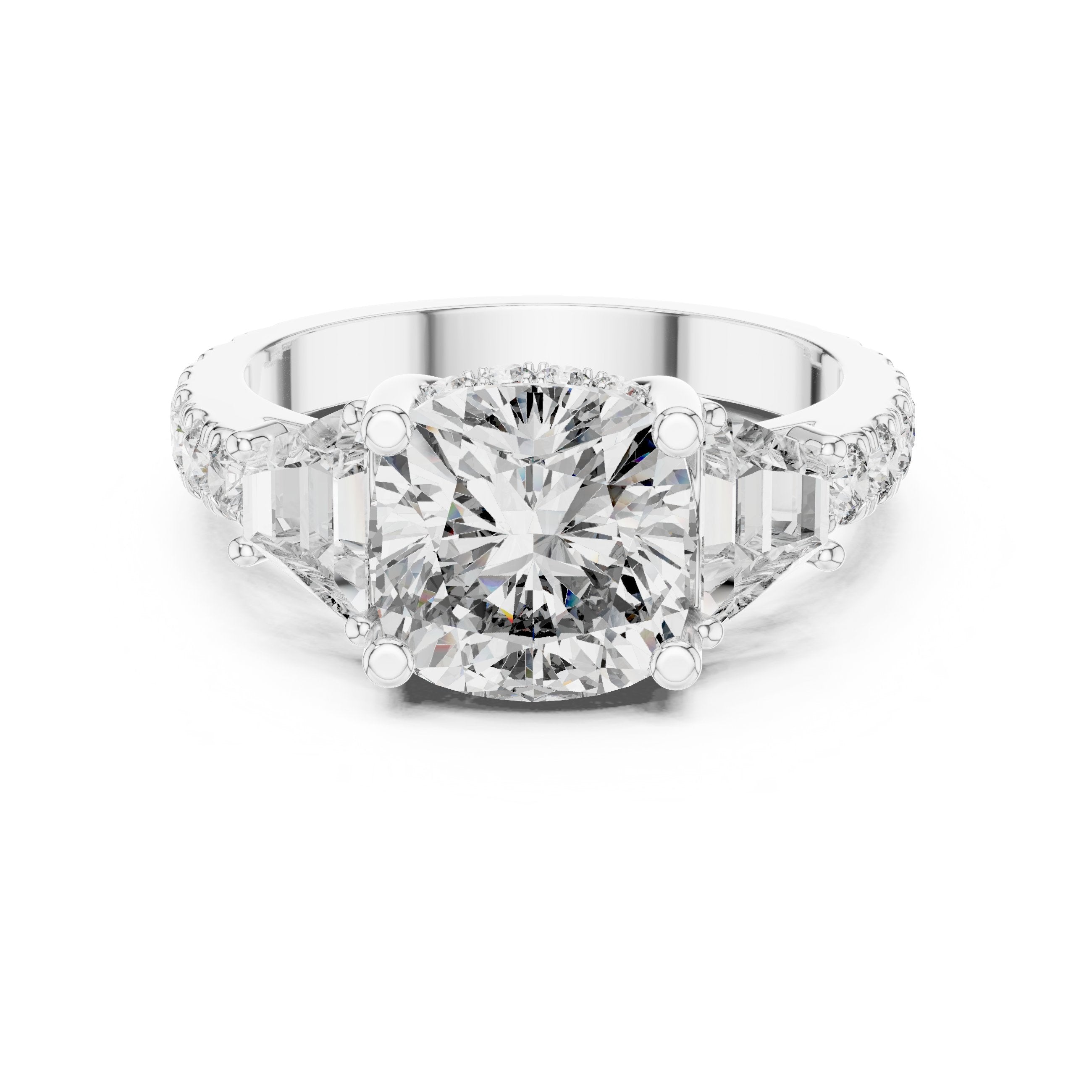 Cushion Cut Three Stone Halo Engagement Ring with Baguette Sides and Pavé Band in White Gold - VYKA Diamonds