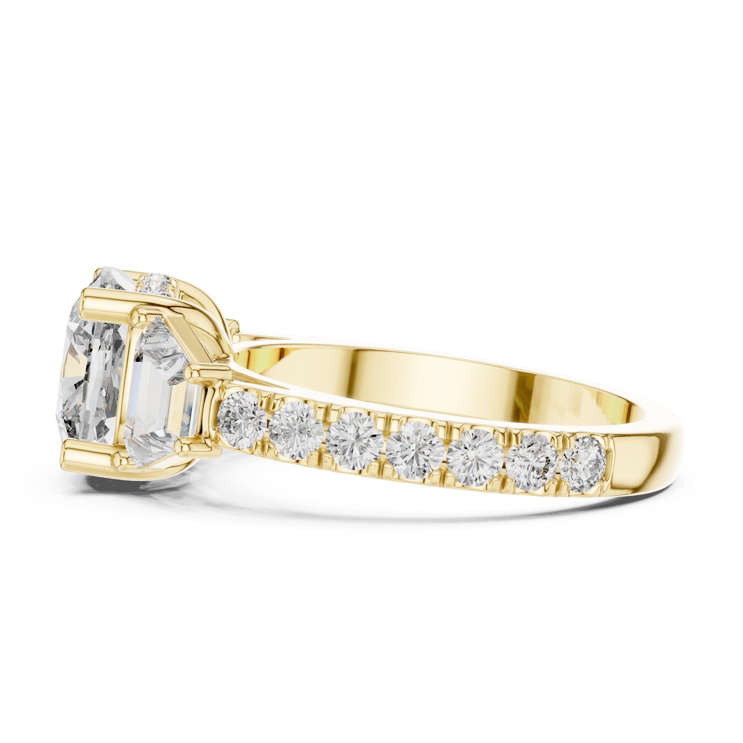 Cushion Cut Three Stone Halo Engagement Ring with Baguette Sides and Pavé Band in Yellow Gold - VYKA Diamonds