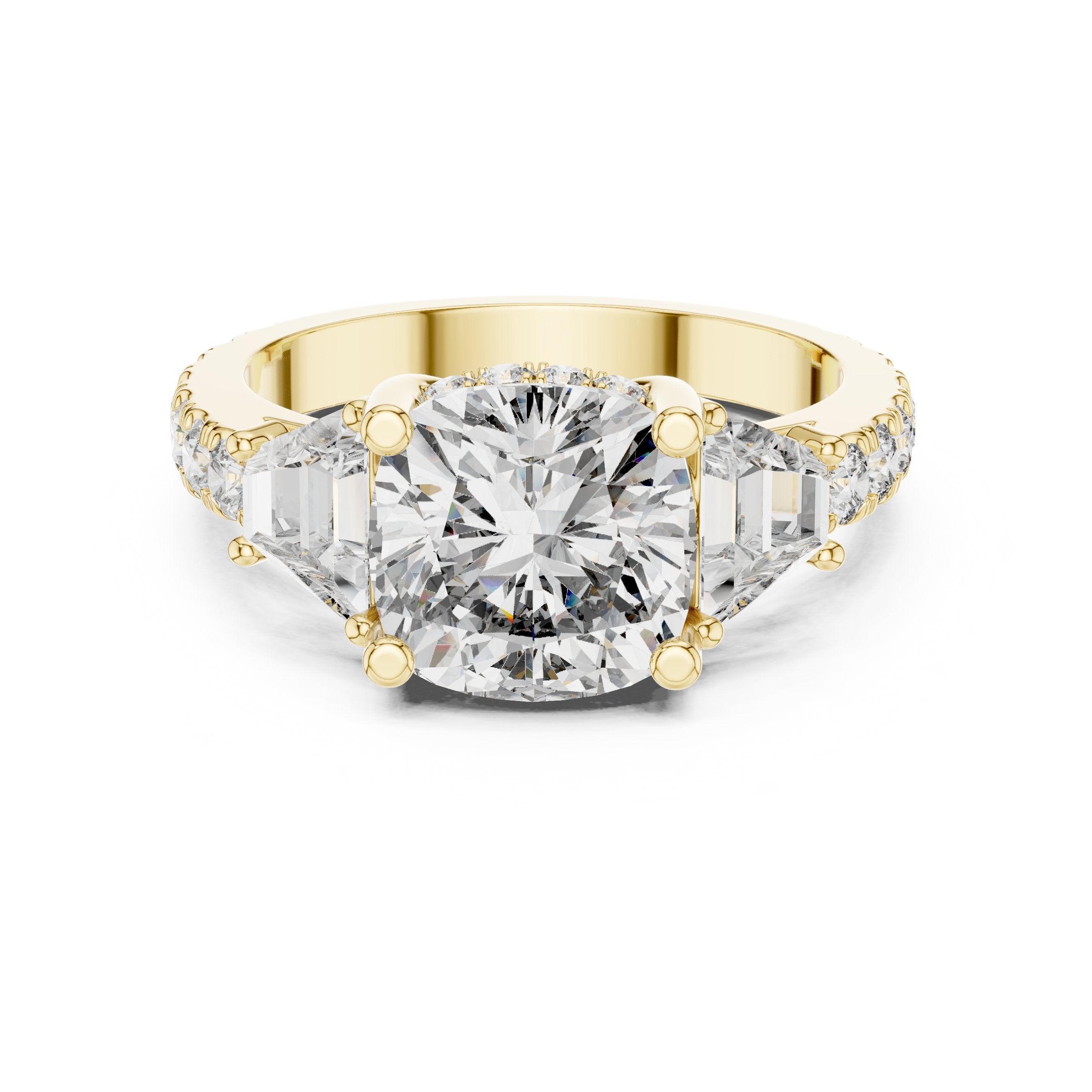 Cushion Cut Three Stone Halo Engagement Ring with Baguette Sides and Pavé Band in Yellow Gold - VYKA Diamonds