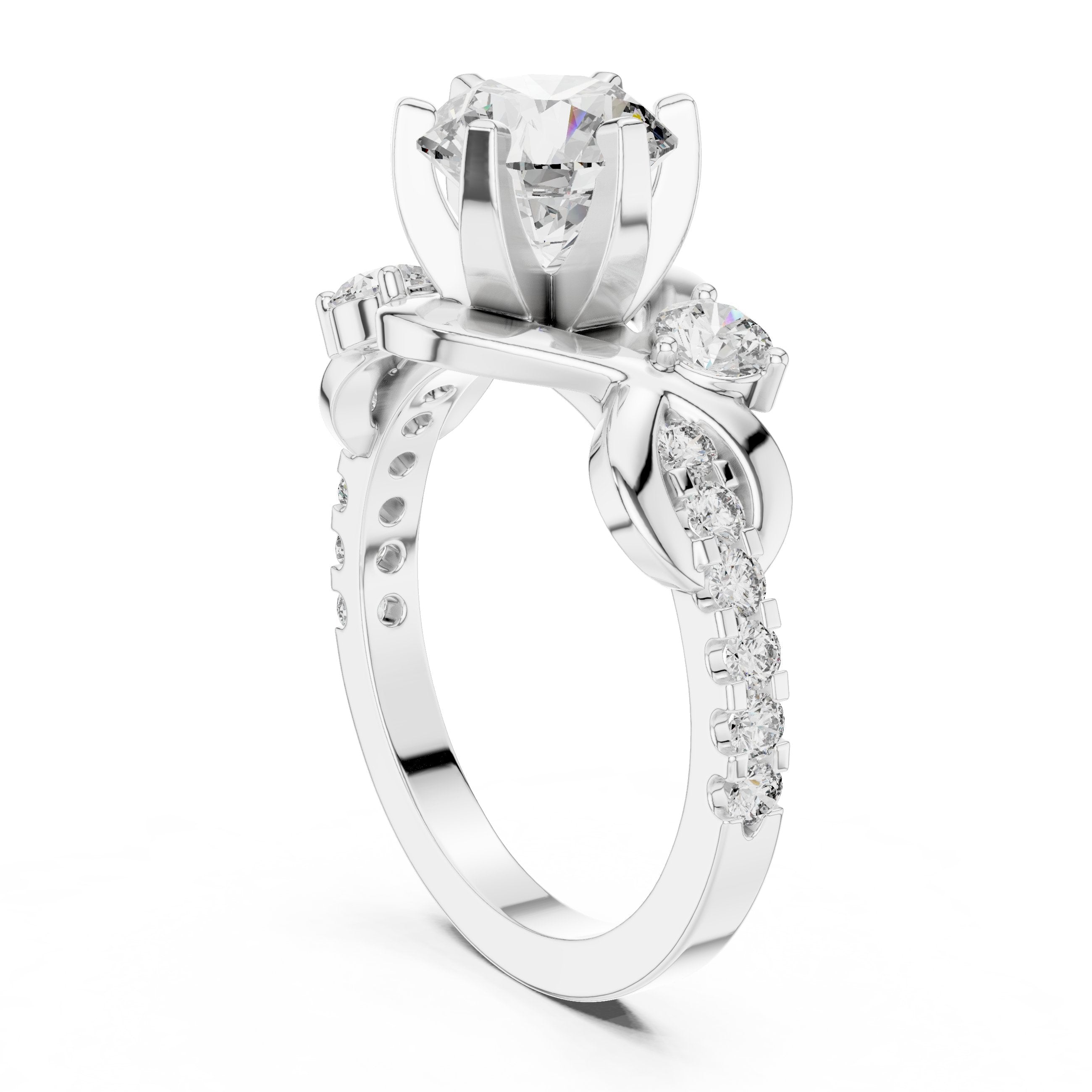 Round Diamond Engagement Ring with Round Side Accents and Pavé Bow Shank in White Gold - VYKA Diamonds