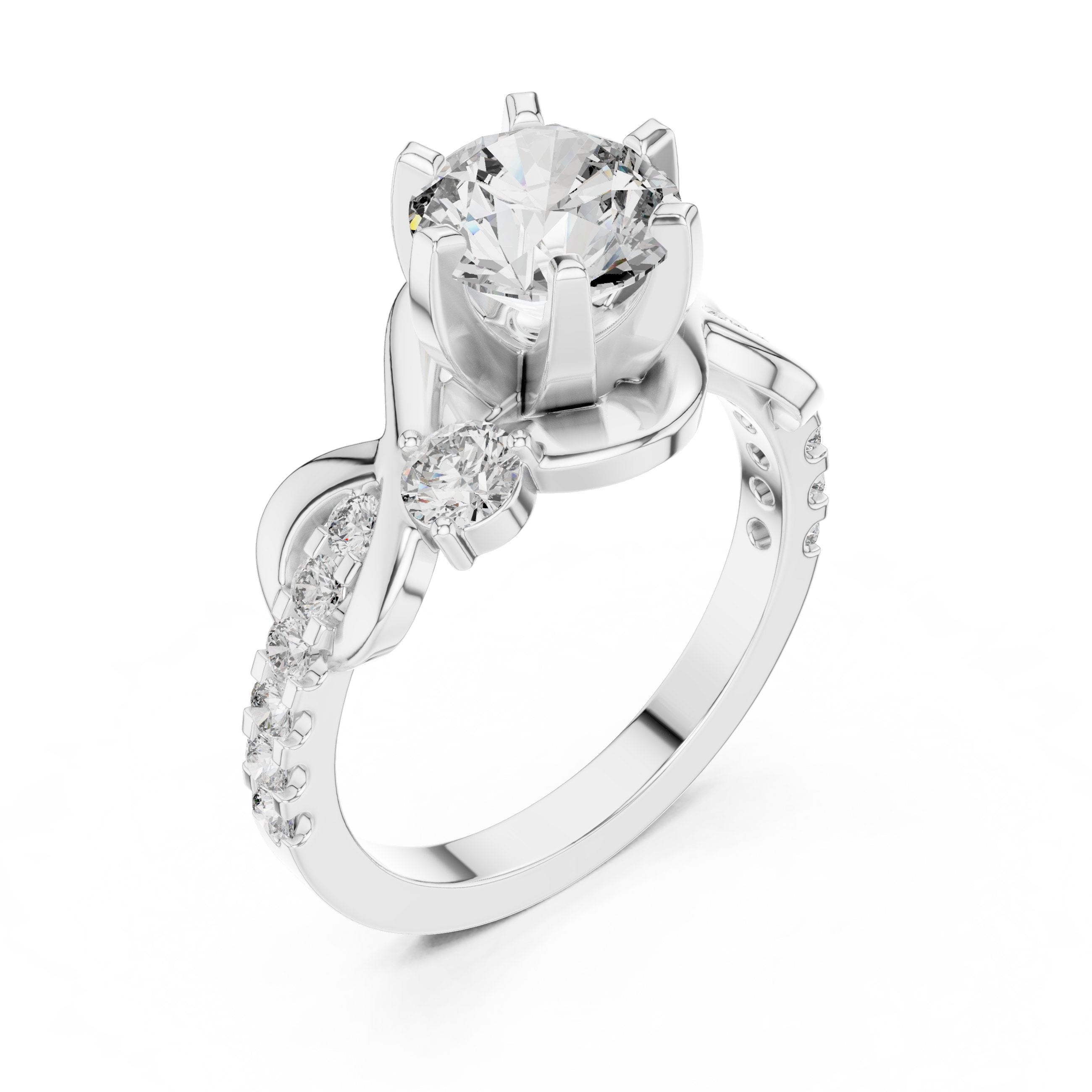 Round Diamond Engagement Ring with Round Side Accents and Pavé Bow Shank in White Gold - VYKA Diamonds