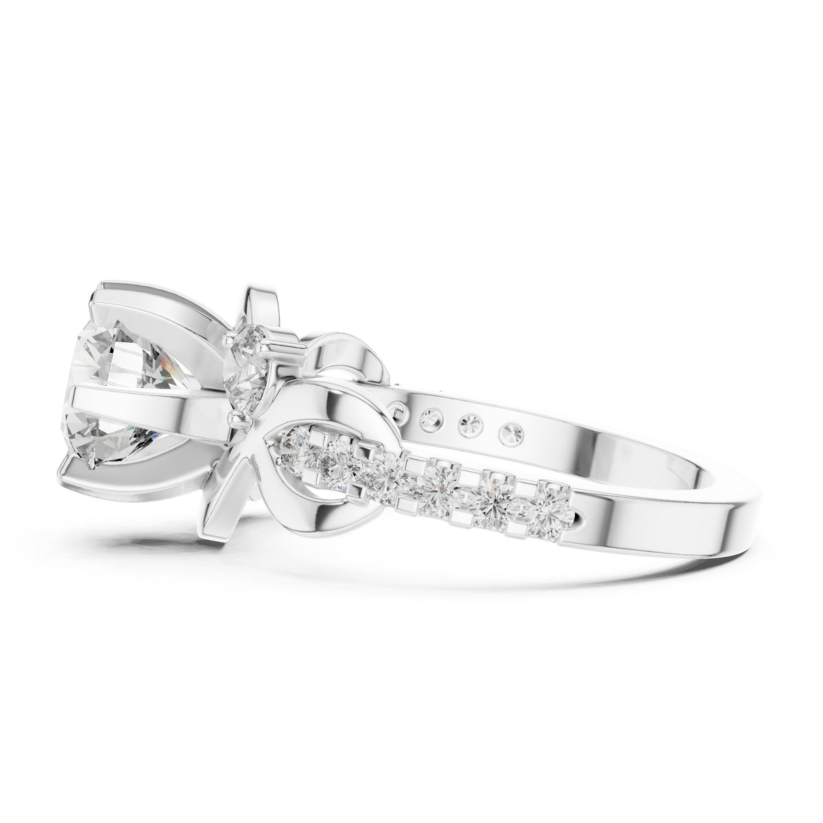 Round Diamond Engagement Ring with Round Side Accents and Pavé Bow Shank