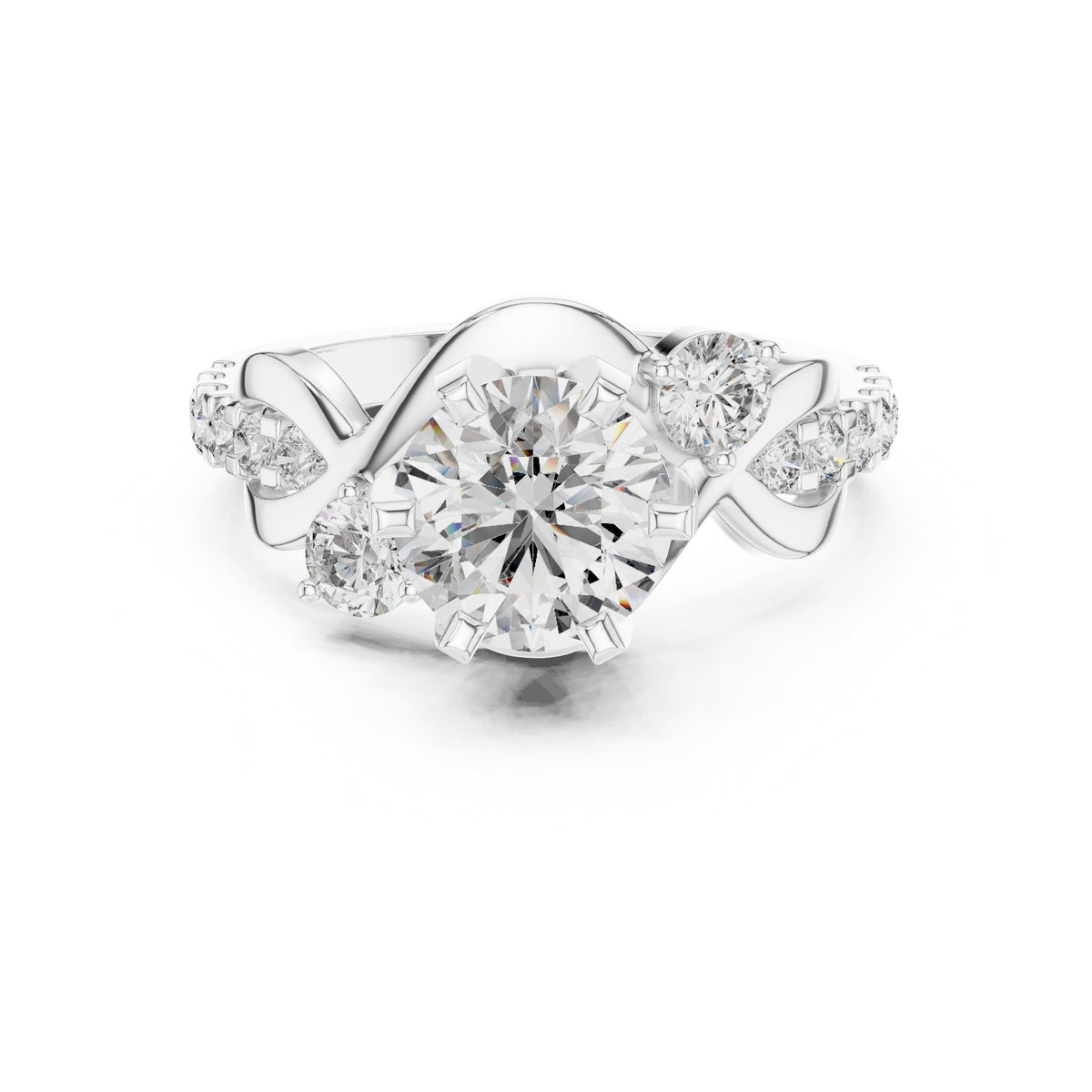Round Diamond Engagement Ring with Round Side Accents and Pavé Bow Shank