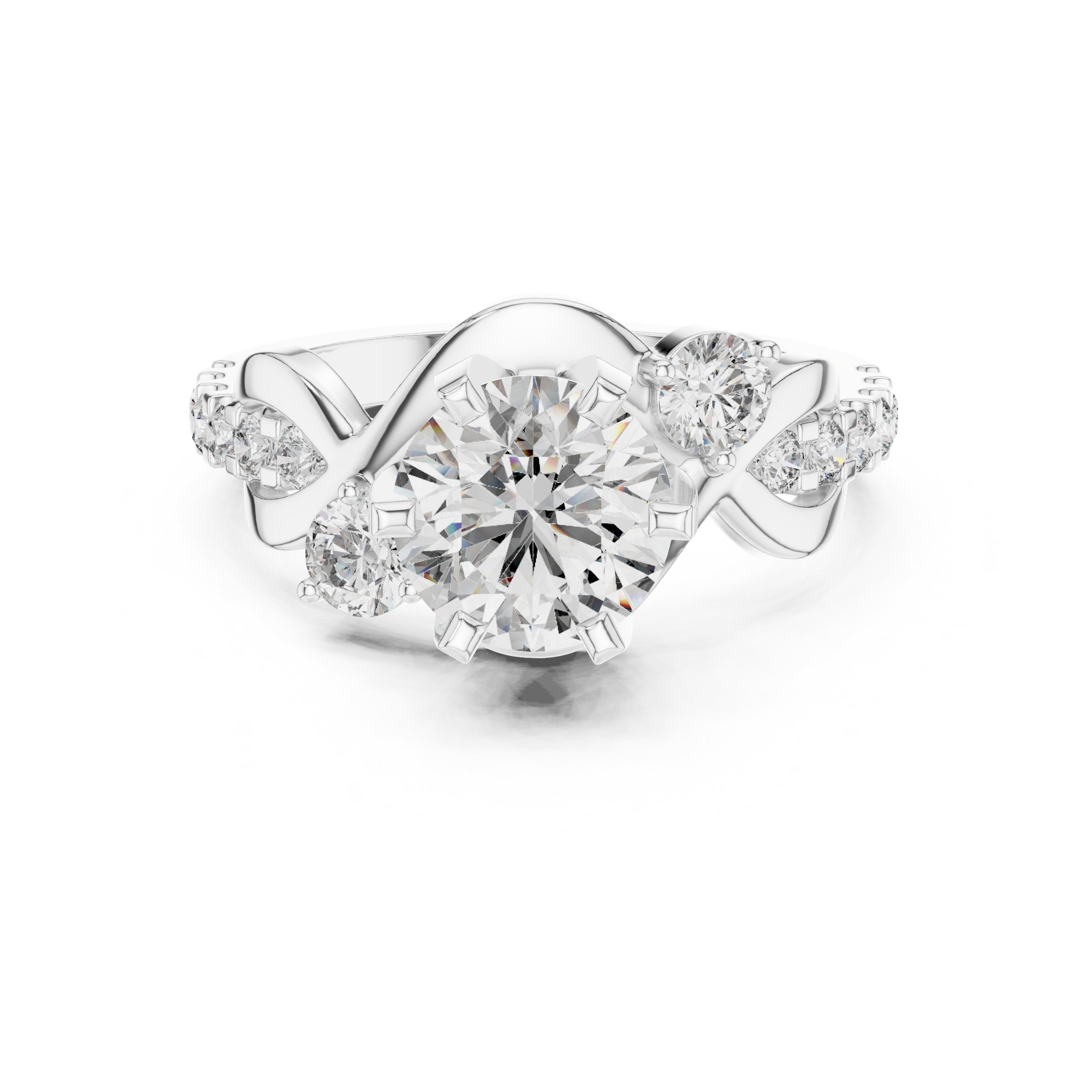 Round Diamond Engagement Ring with Round Side Accents and Pavé Bow Shank in White Gold - VYKA Diamonds