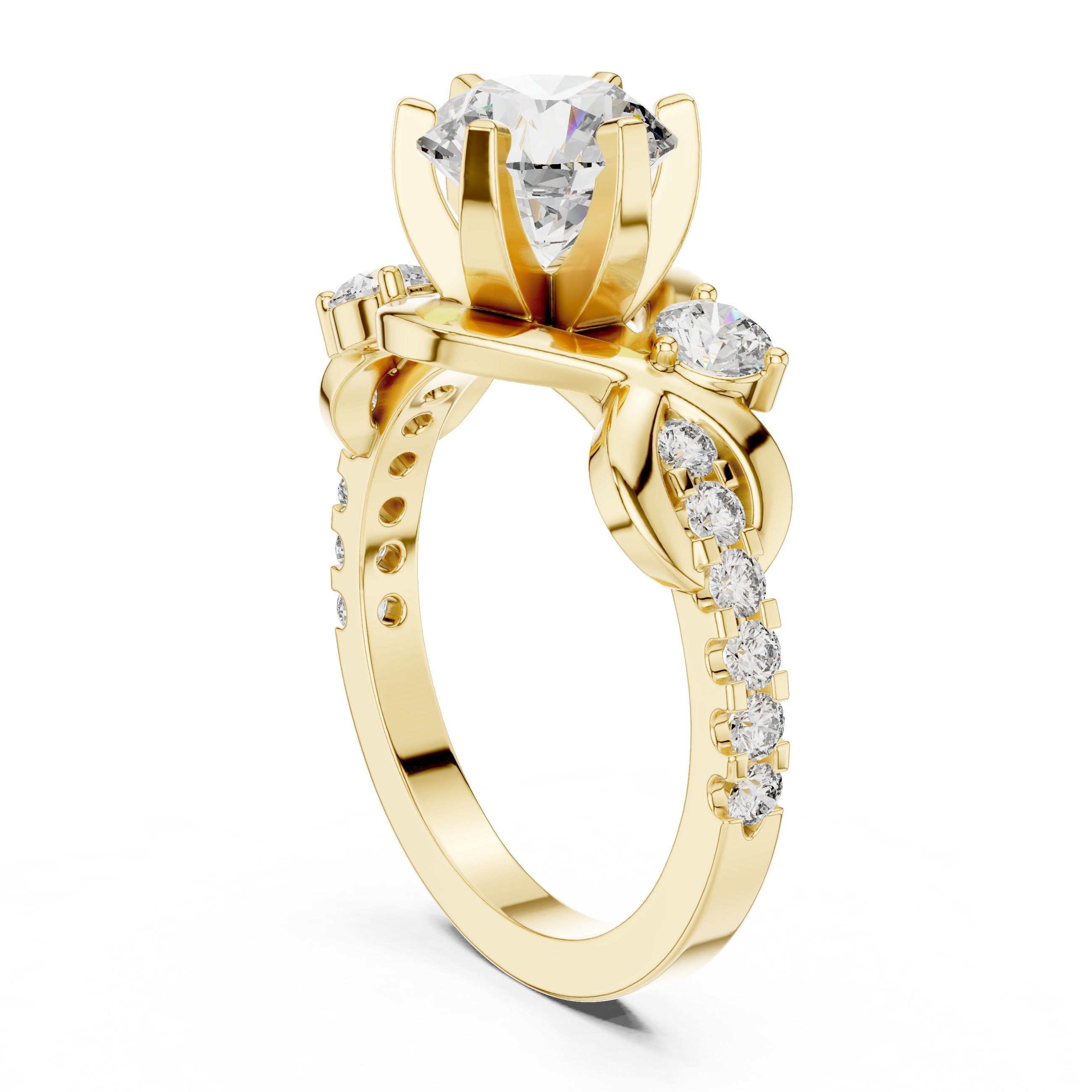 Round Diamond Engagement Ring with Round Side Accents and Pavé Bow Shank in Yellow Gold - VYKA Diamonds