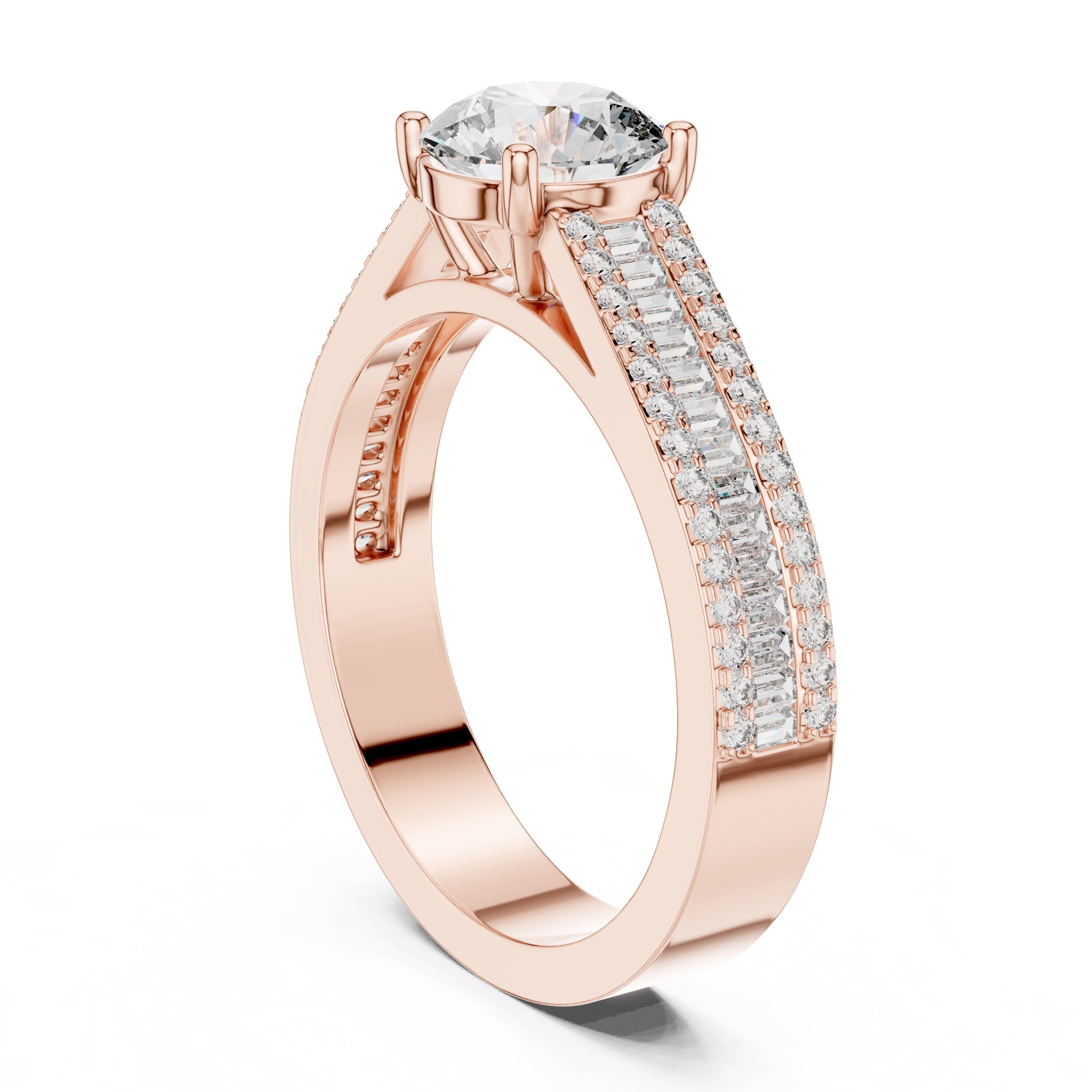 Round Diamond Engagement Ring with Double Row Baguette Pavé Band in Rose Gold - VYKA Diamonds