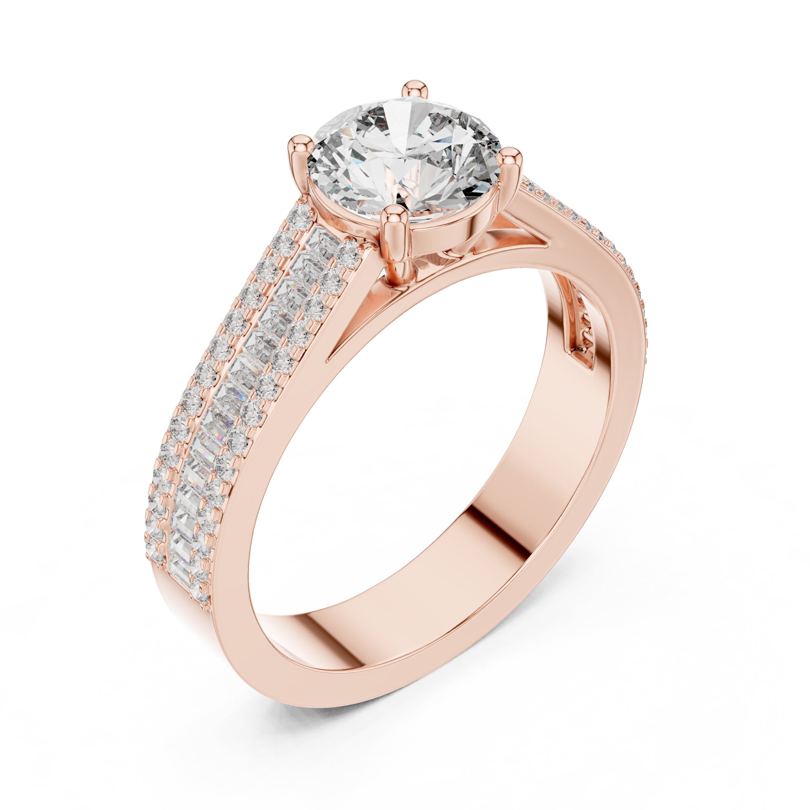 Round Diamond Engagement Ring with Double Row Baguette Pavé Band in Rose Gold - VYKA Diamonds