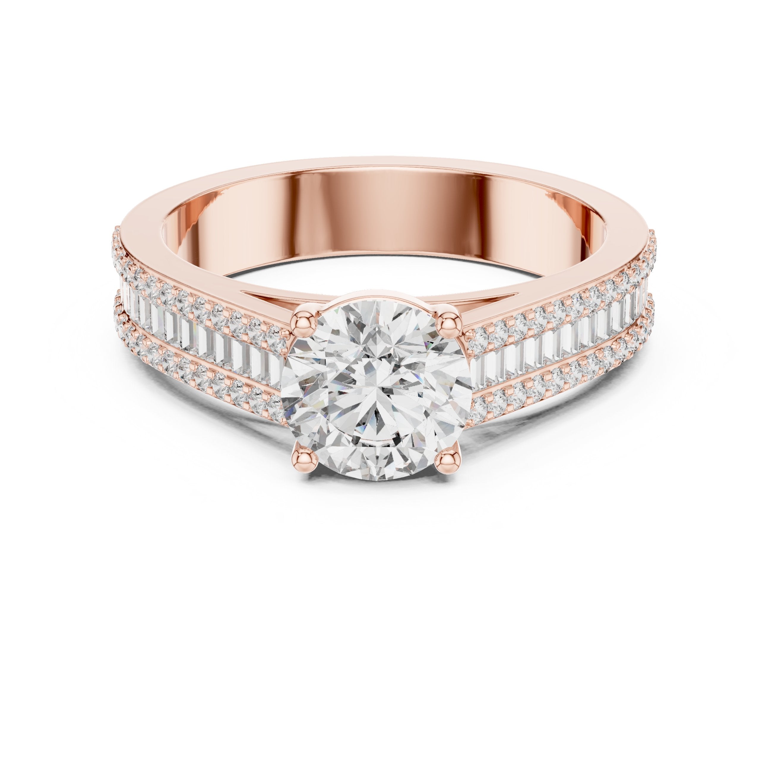 Round Diamond Engagement Ring with Double Row Baguette Pavé Band in Rose Gold - VYKA Diamonds