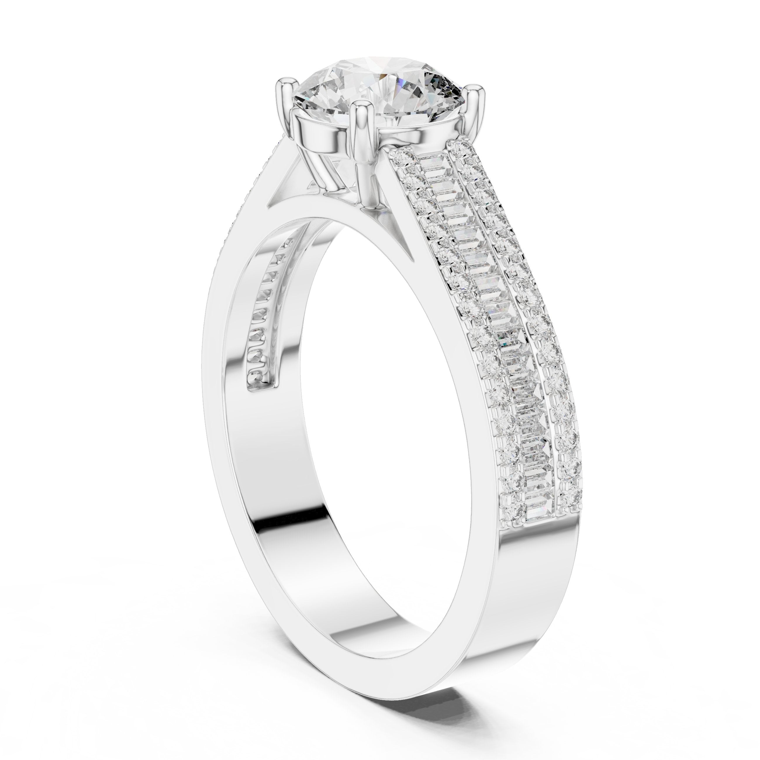 Round Diamond Engagement Ring with Double Row Baguette Pavé Band in White Gold - VYKA Diamonds
