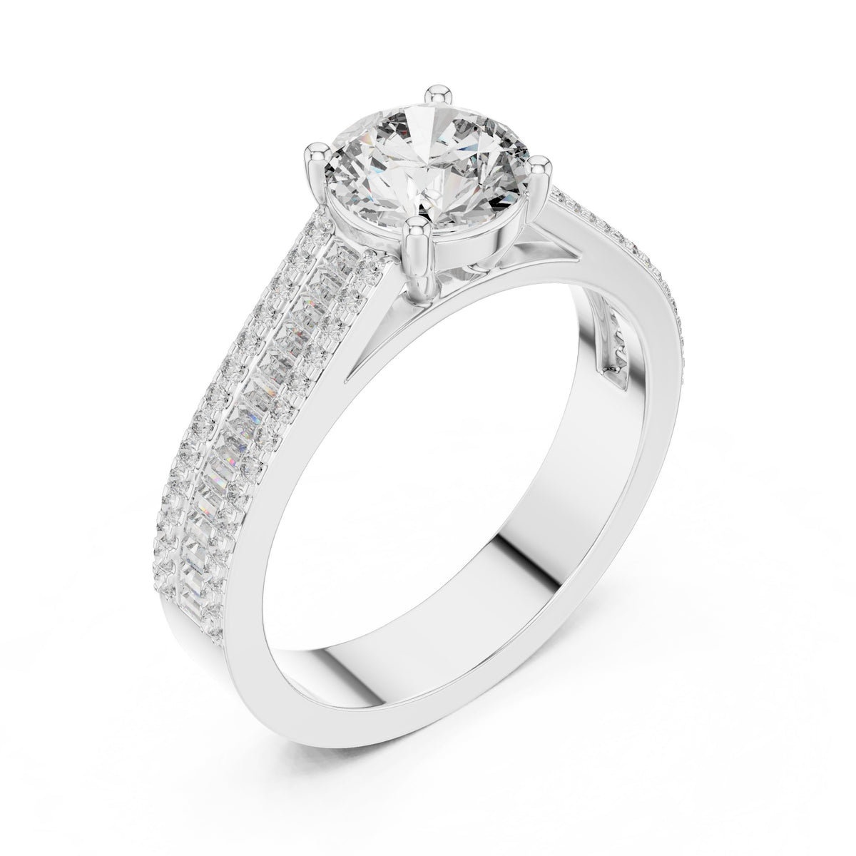 Round Diamond Engagement Ring with Double Row Baguette Pavé Band