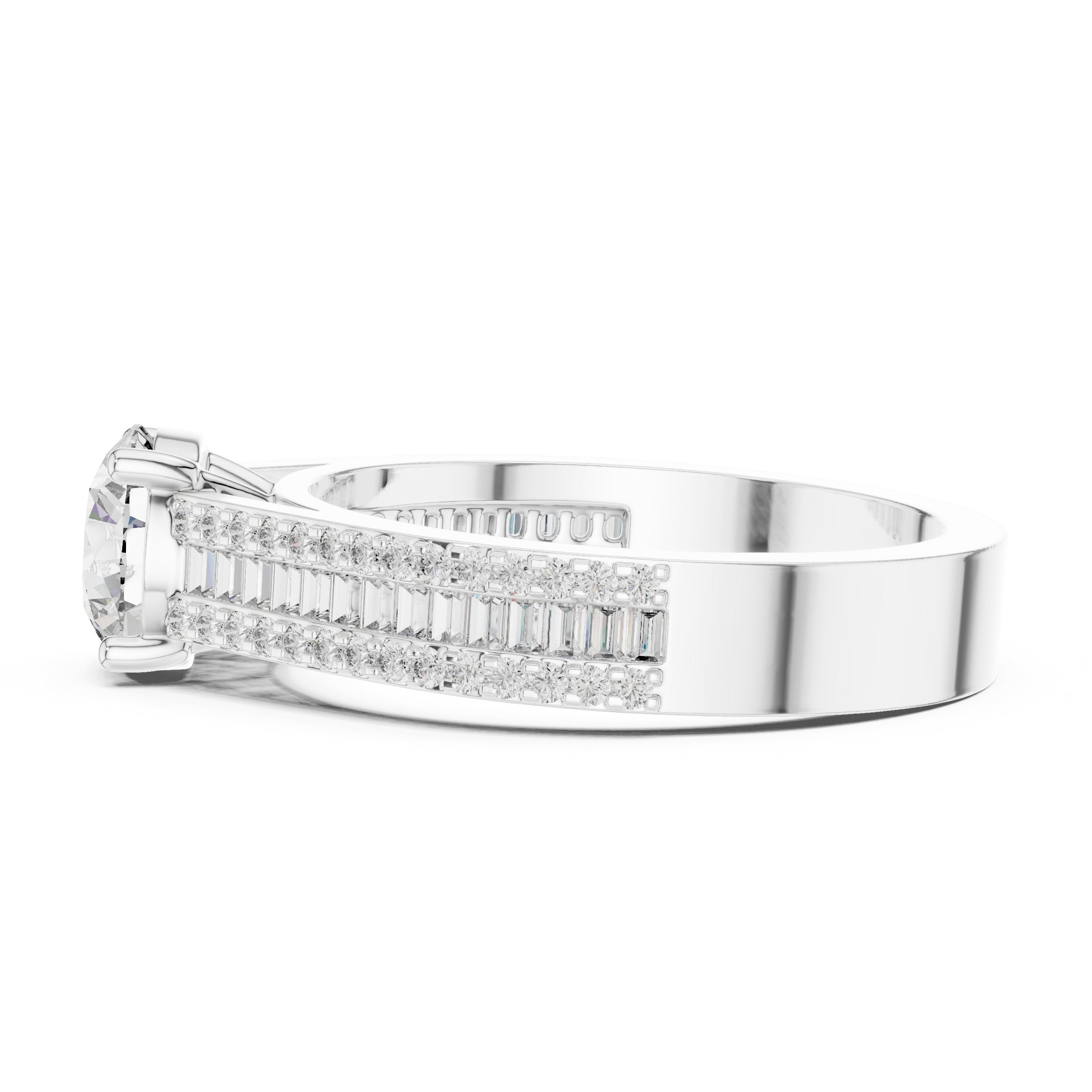 Round Diamond Engagement Ring with Double Row Baguette Pavé Band in White Gold - VYKA Diamonds