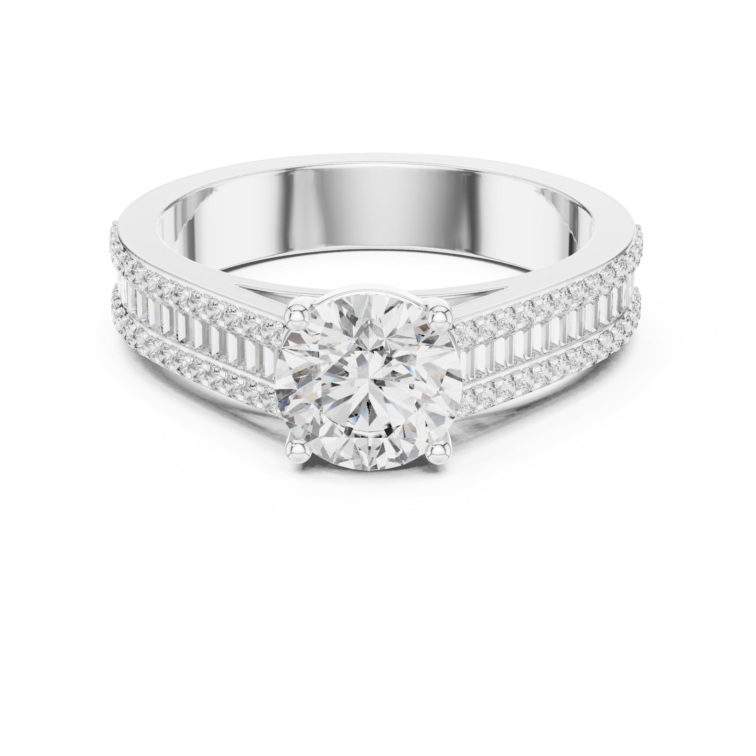 Round Diamond Engagement Ring with Double Row Baguette Pavé Band in White Gold - VYKA Diamonds