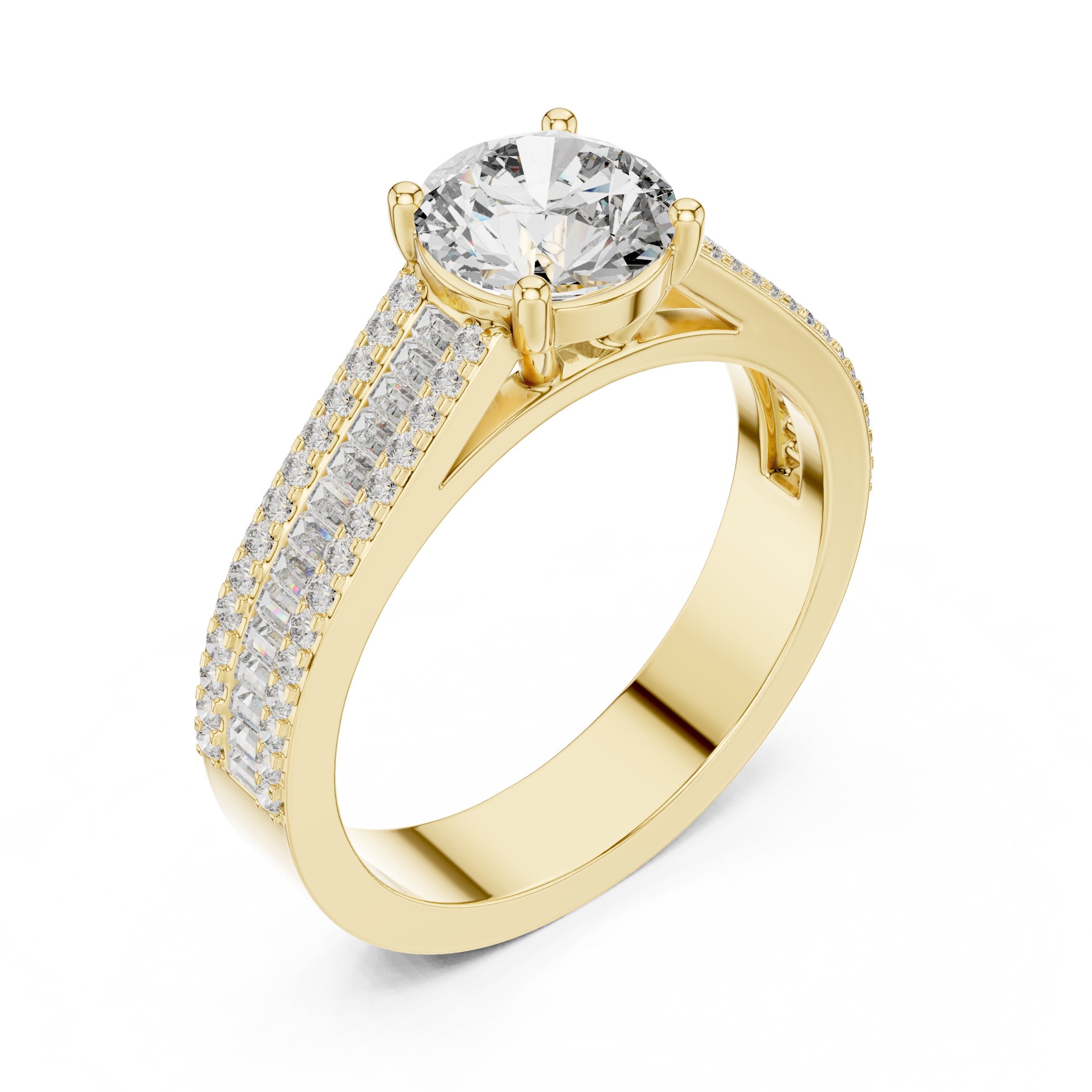 Round Diamond Engagement Ring with Double Row Baguette Pavé Band in Yellow Gold - VYKA Diamonds