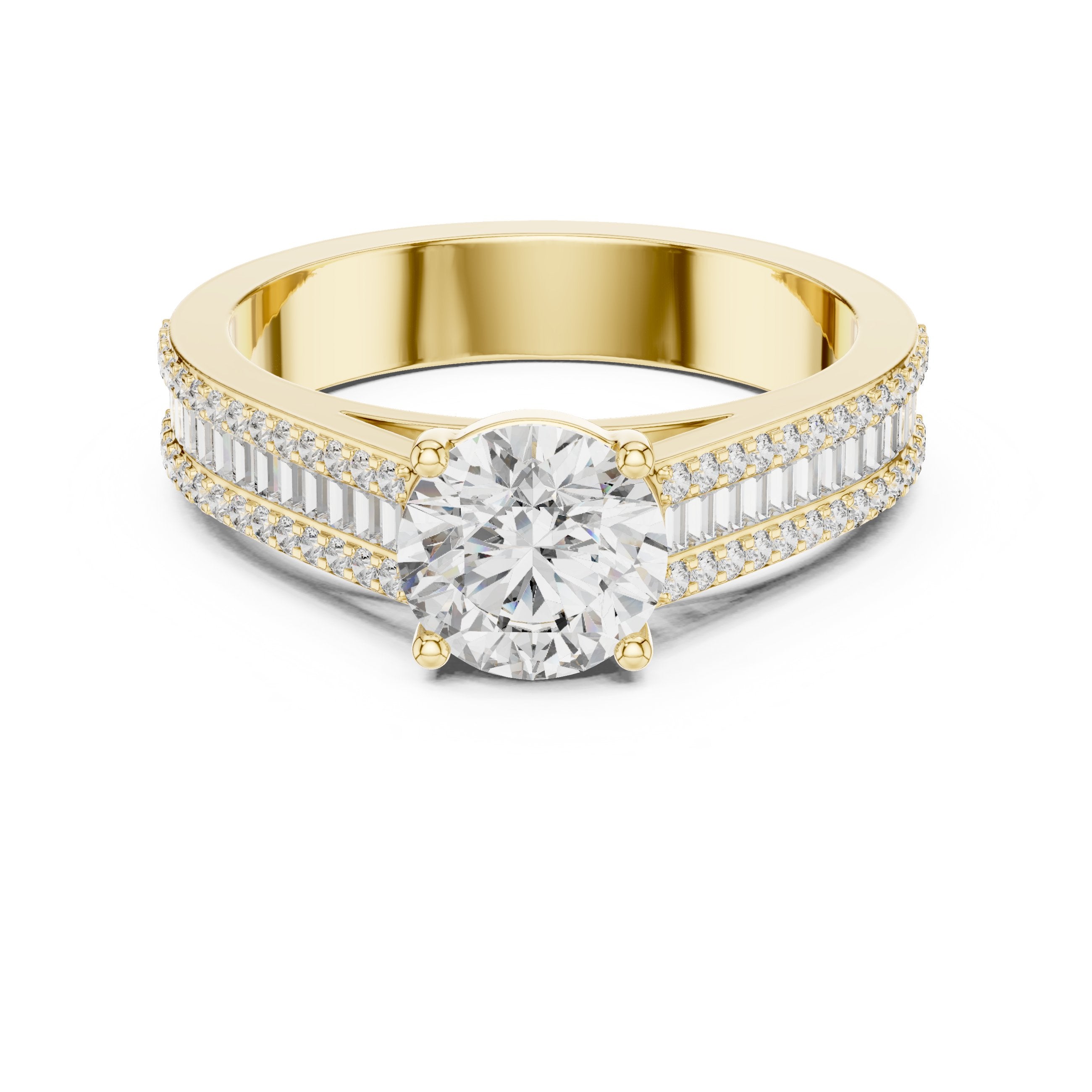Round Diamond Engagement Ring with Double Row Baguette Pavé Band in Yellow Gold - VYKA Diamonds