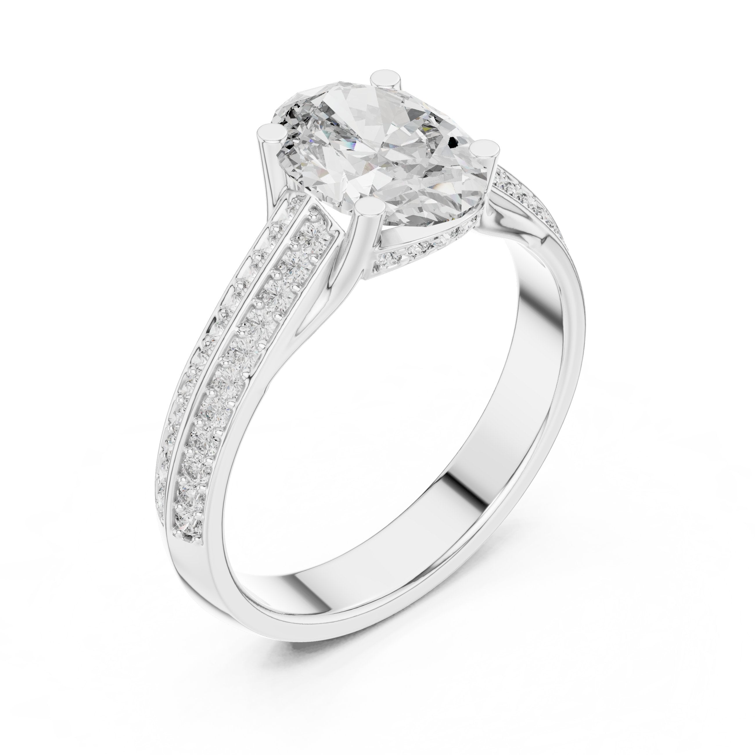 Oval Diamond Engagement Ring with Double Band Split Shank Pavé in White Gold - VYKA Diamonds