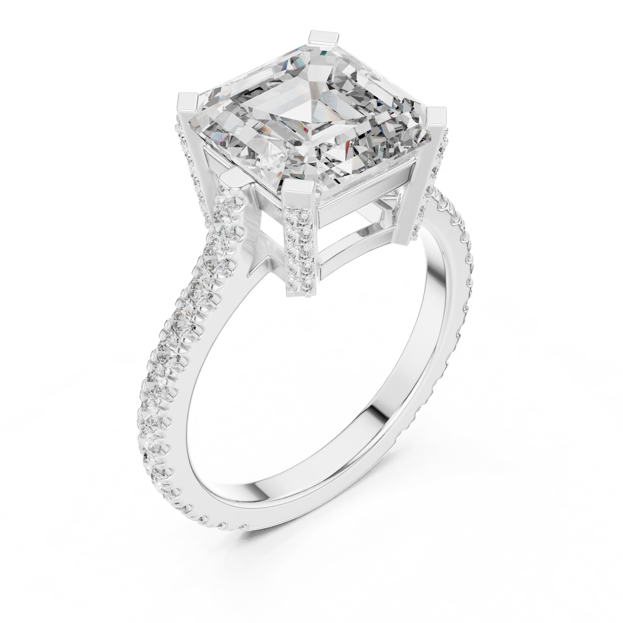 Asscher Cut Engagement Ring with Pavé Band in White Gold - VYKA Diamonds
