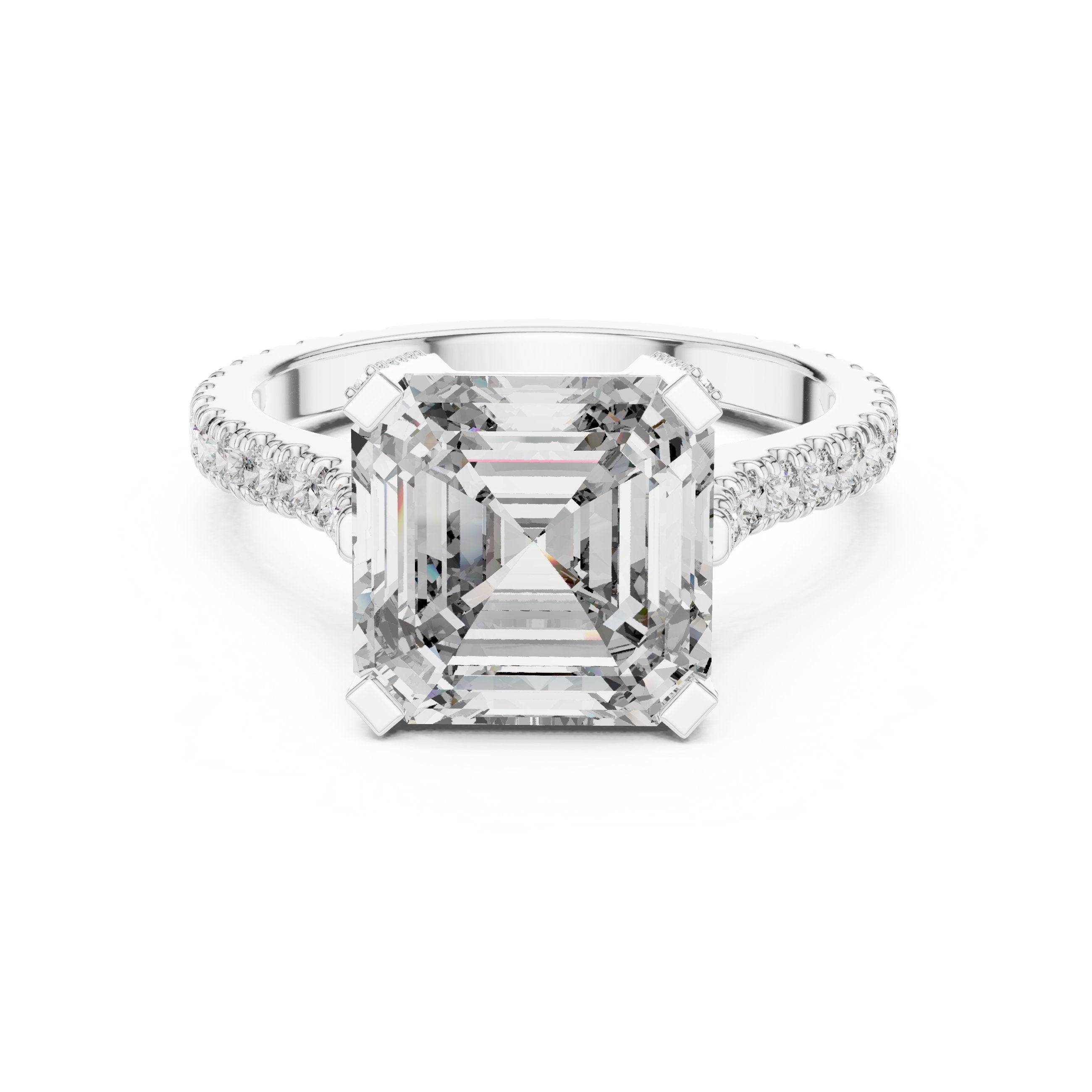 Asscher Cut Engagement Ring with Pavé Band in White Gold - VYKA Diamonds