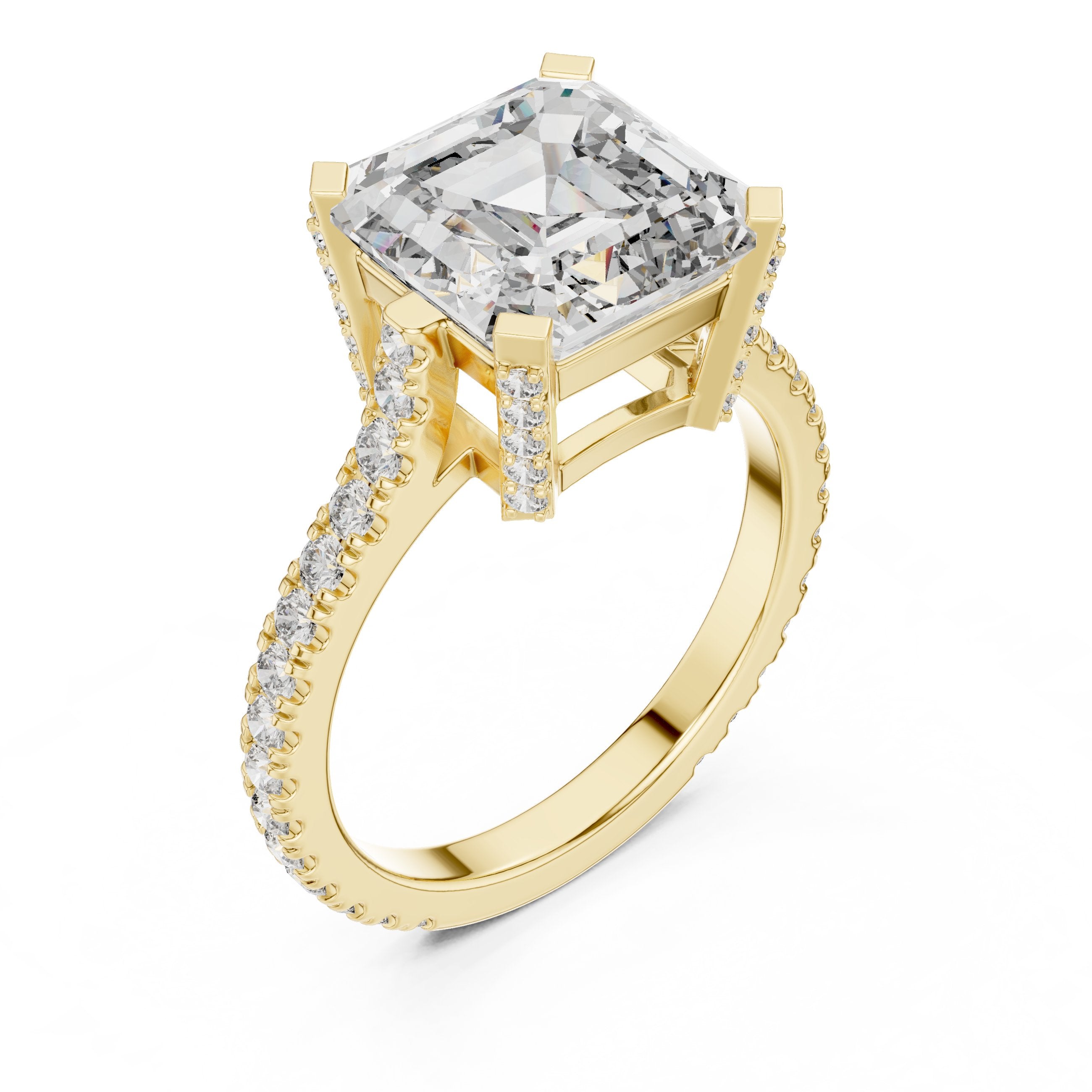 Asscher Cut Engagement Ring with Pavé Band in Yellow Gold - VYKA Diamonds