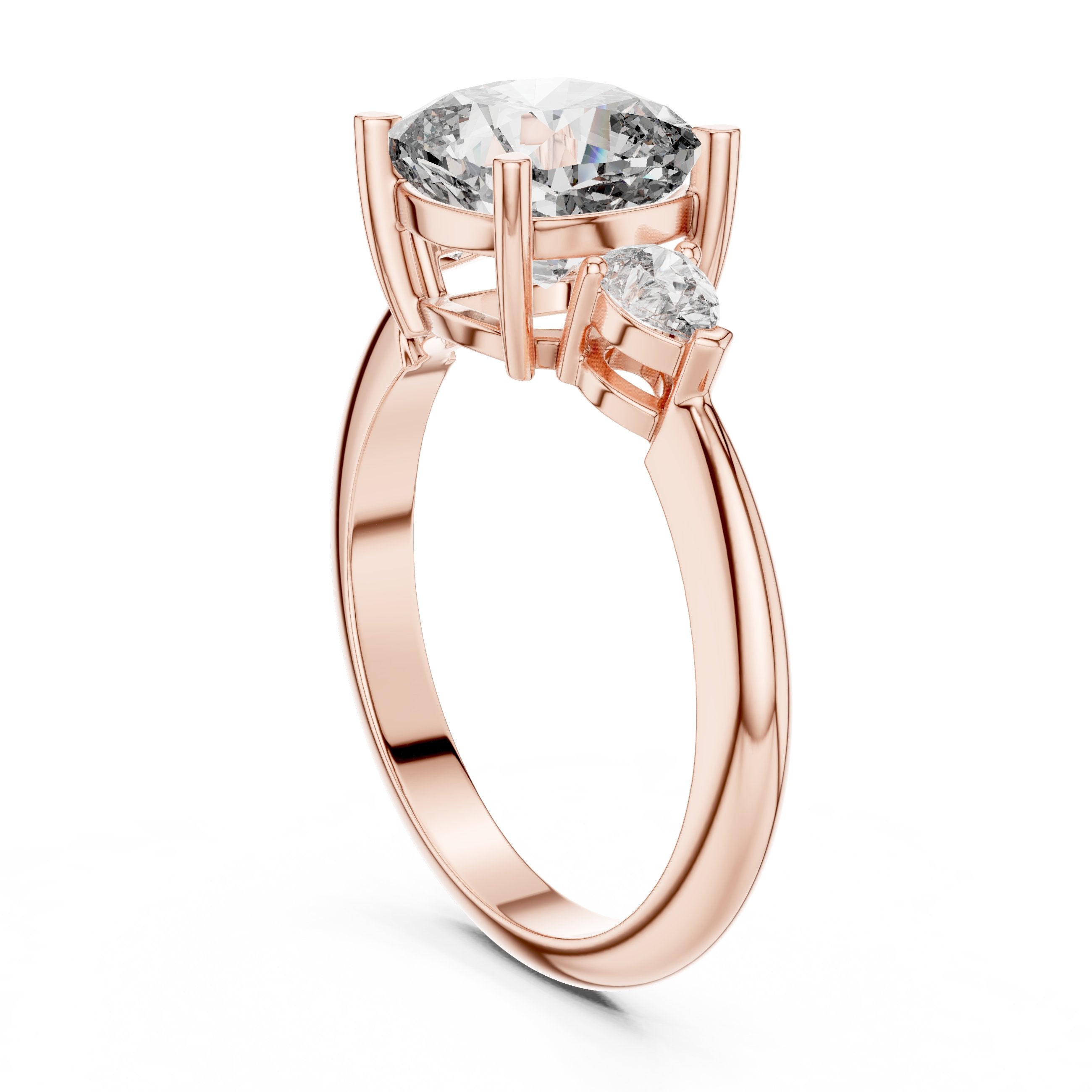 Cushion Cut Three Stone Engagement Ring with Pear Sides in Rose Gold - VYKA Diamonds