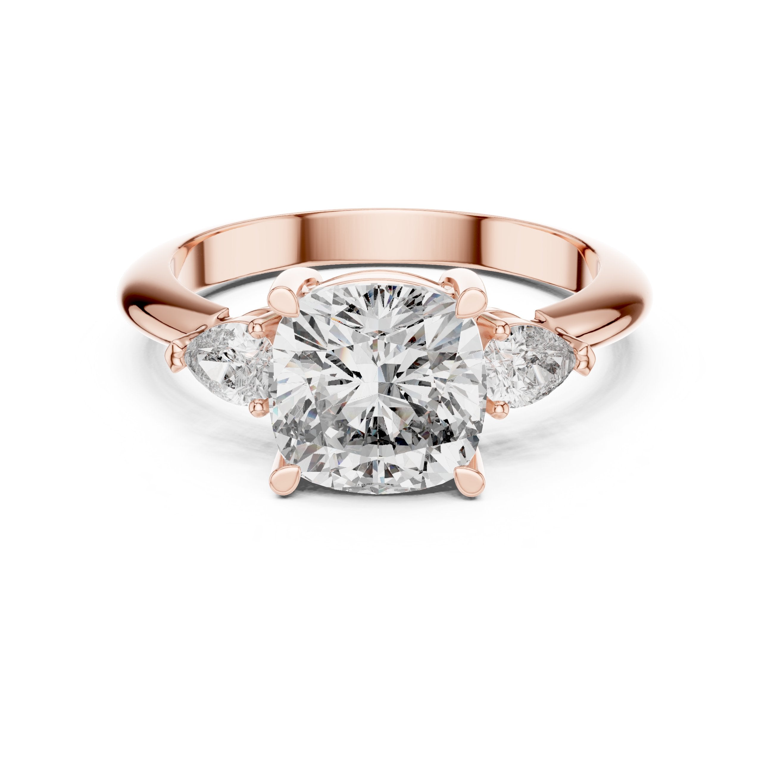 Cushion Cut Three Stone Engagement Ring with Pear Sides in Rose Gold - VYKA Diamonds