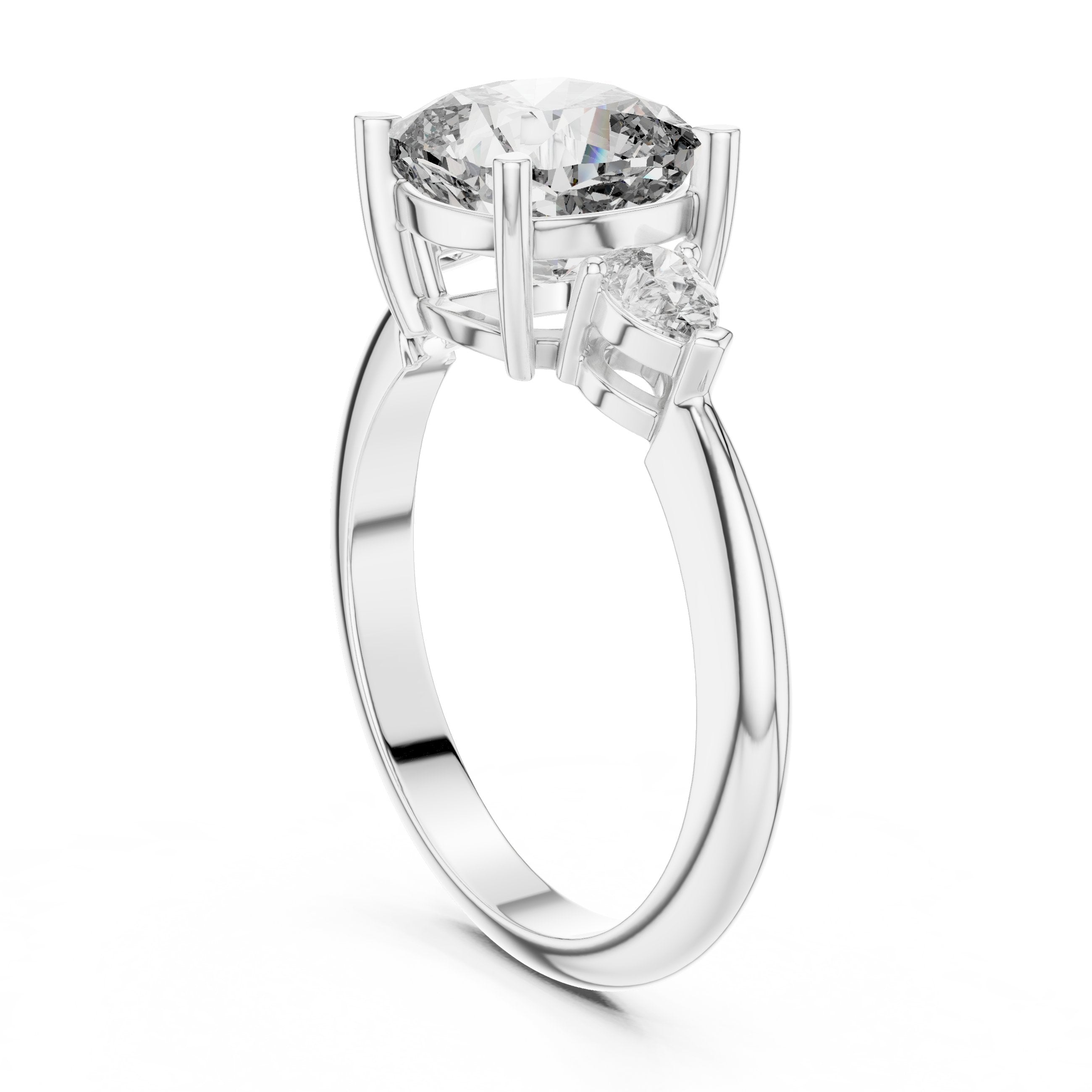 Cushion Cut Three Stone Engagement Ring with Pear Sides in White Gold - VYKA Diamonds