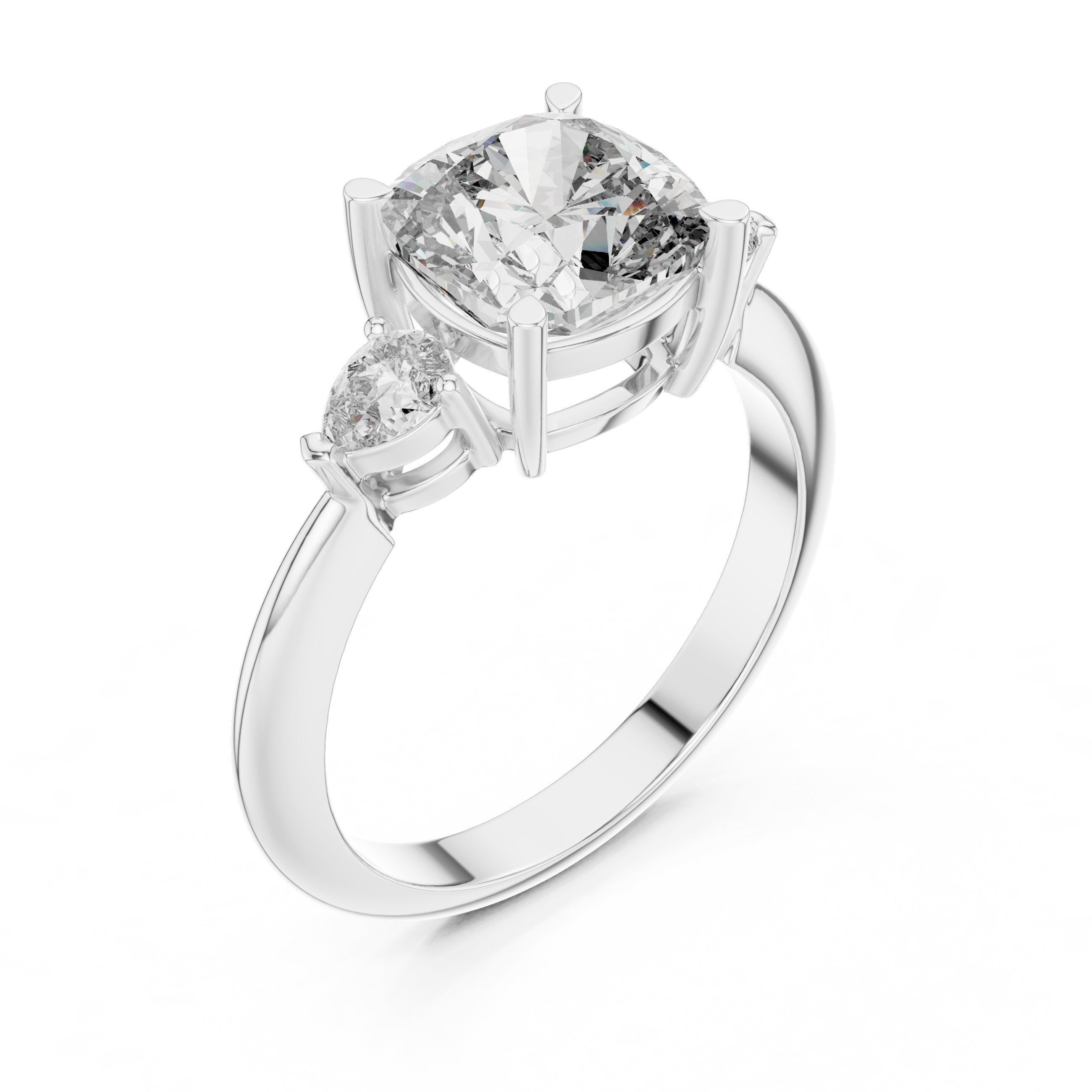 Cushion Cut Three Stone Engagement Ring with Pear Sides in White Gold - VYKA Diamonds