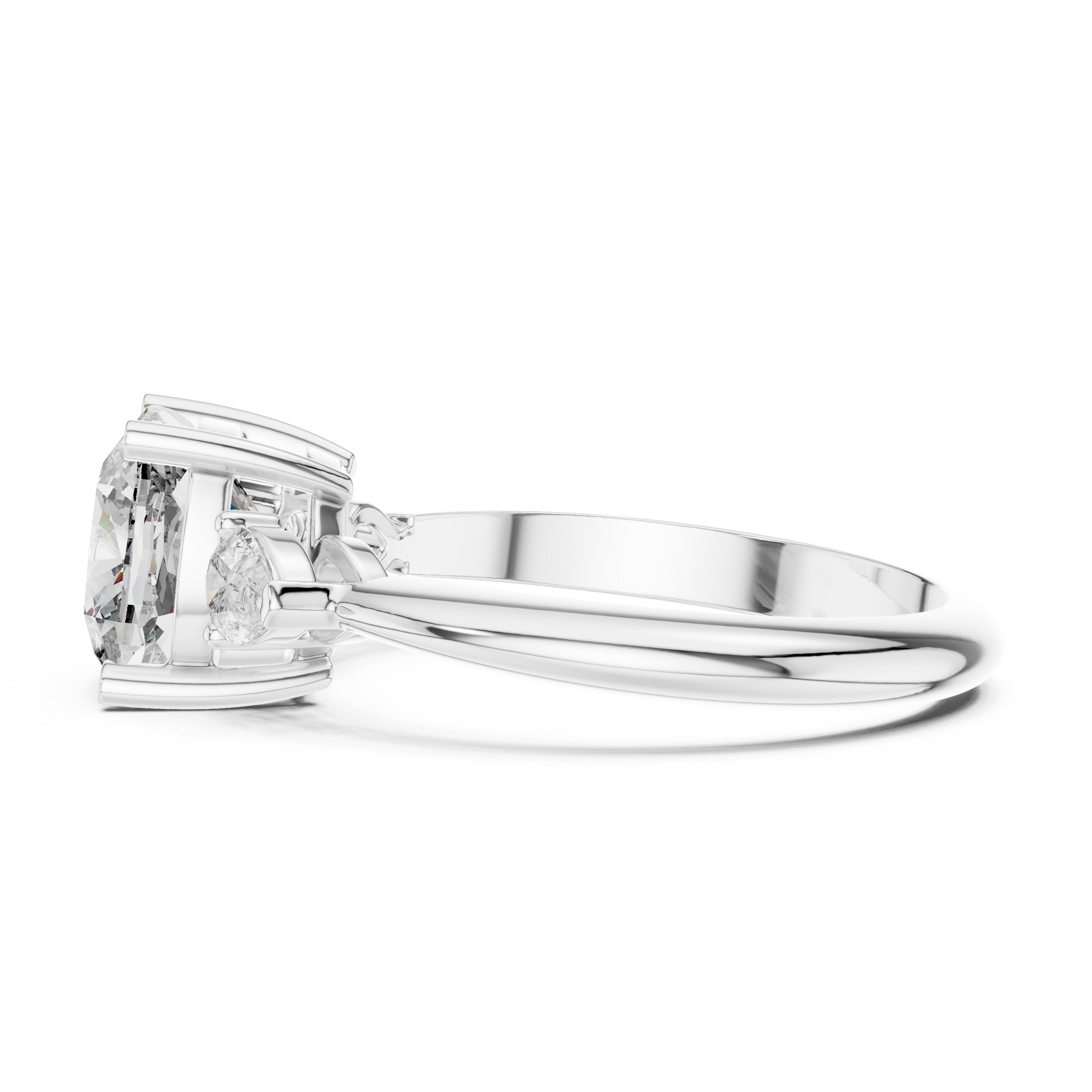 Cushion Cut Three Stone Engagement Ring with Pear Sides in White Gold - VYKA Diamonds