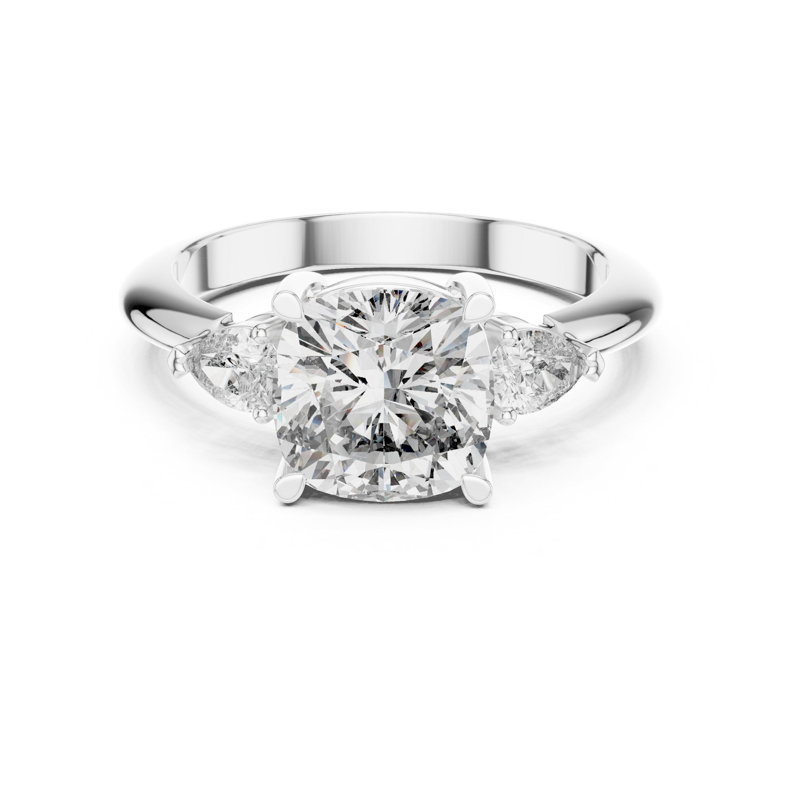 Cushion Cut Three Stone Engagement Ring with Pear Sides in White Gold - VYKA Diamonds