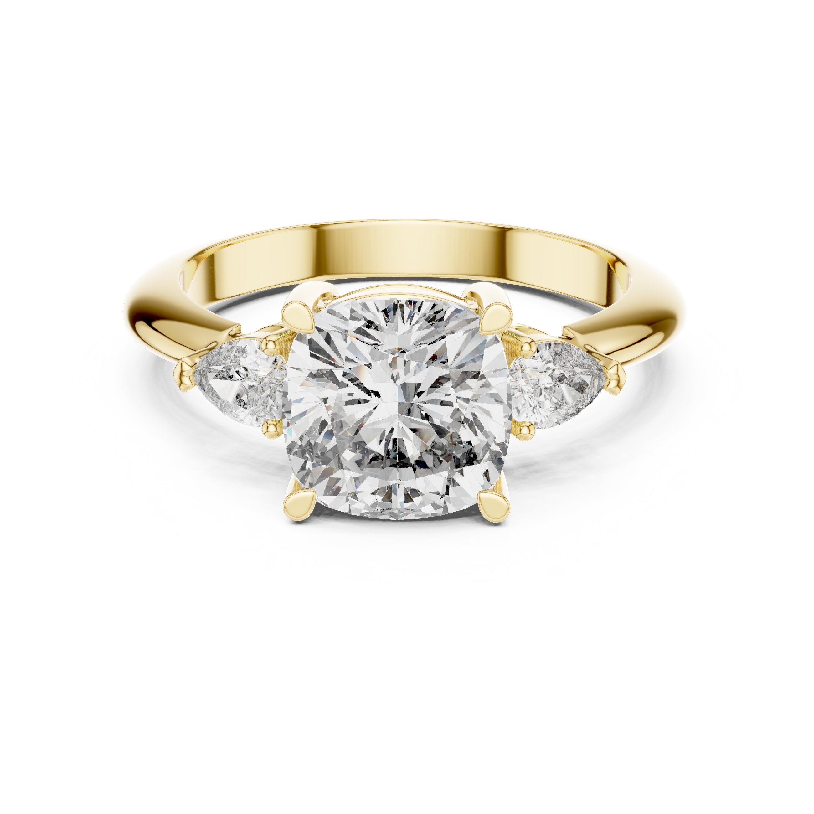 Cushion Cut Three Stone Engagement Ring with Pear Sides in Yellow Gold - VYKA Diamonds