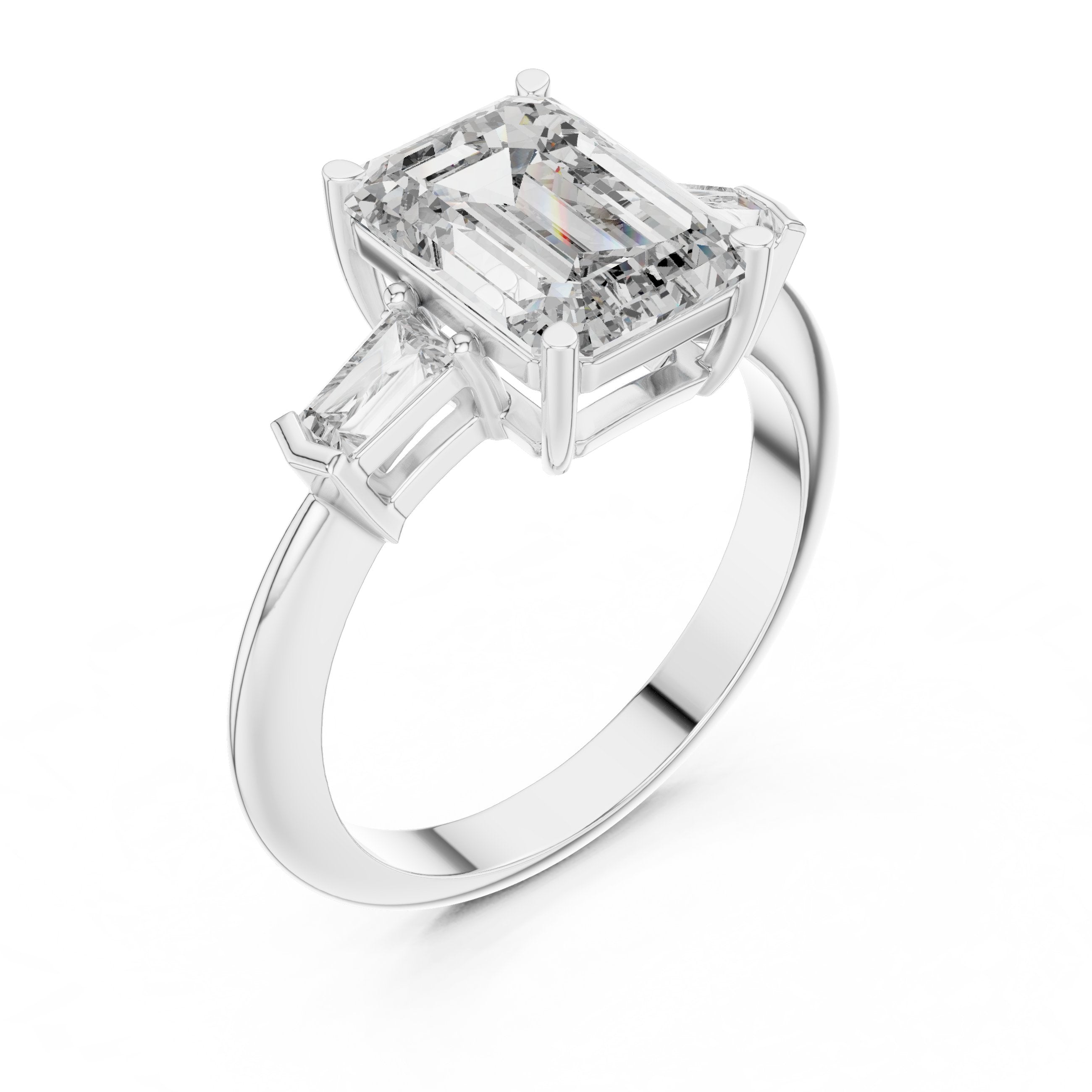 Emerald Cut Three Stone Engagement Ring with Tapered Baguette Sides in White Gold - VYKA Diamonds