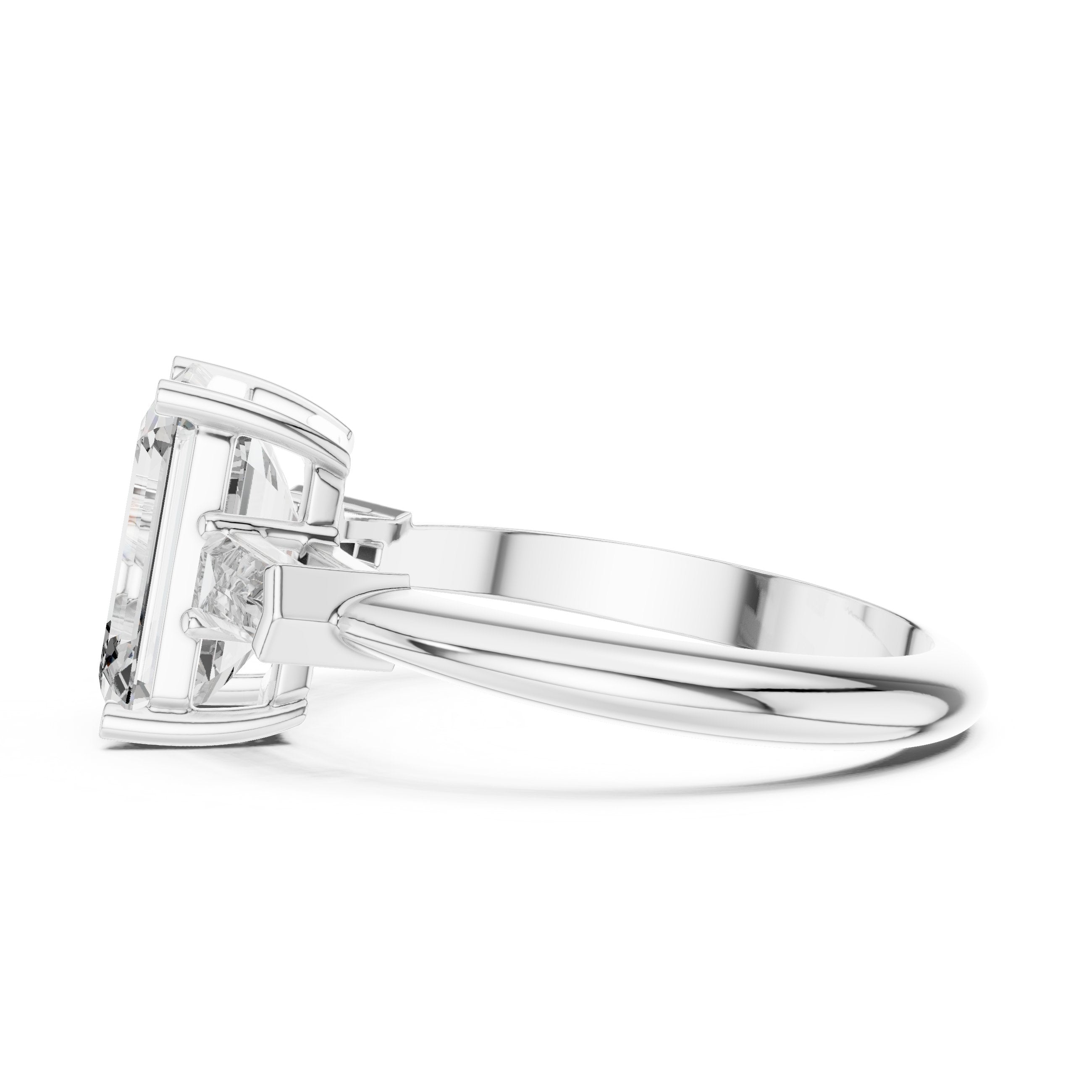 Emerald Cut Three Stone Engagement Ring with Tapered Baguette Sides in White Gold - VYKA Diamonds