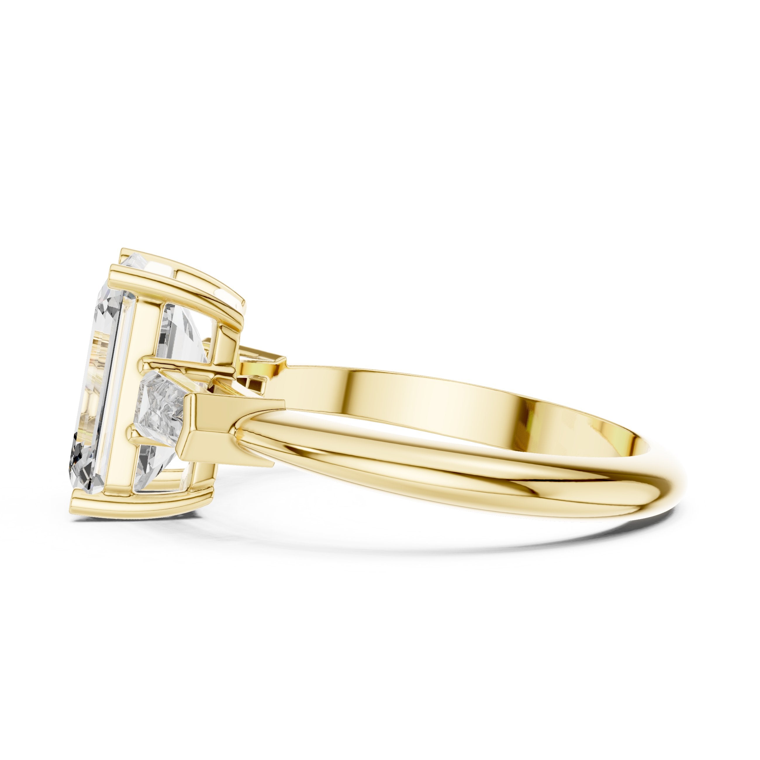 Emerald Cut Three Stone Engagement Ring with Tapered Baguette Sides in Yellow Gold - VYKA Diamonds