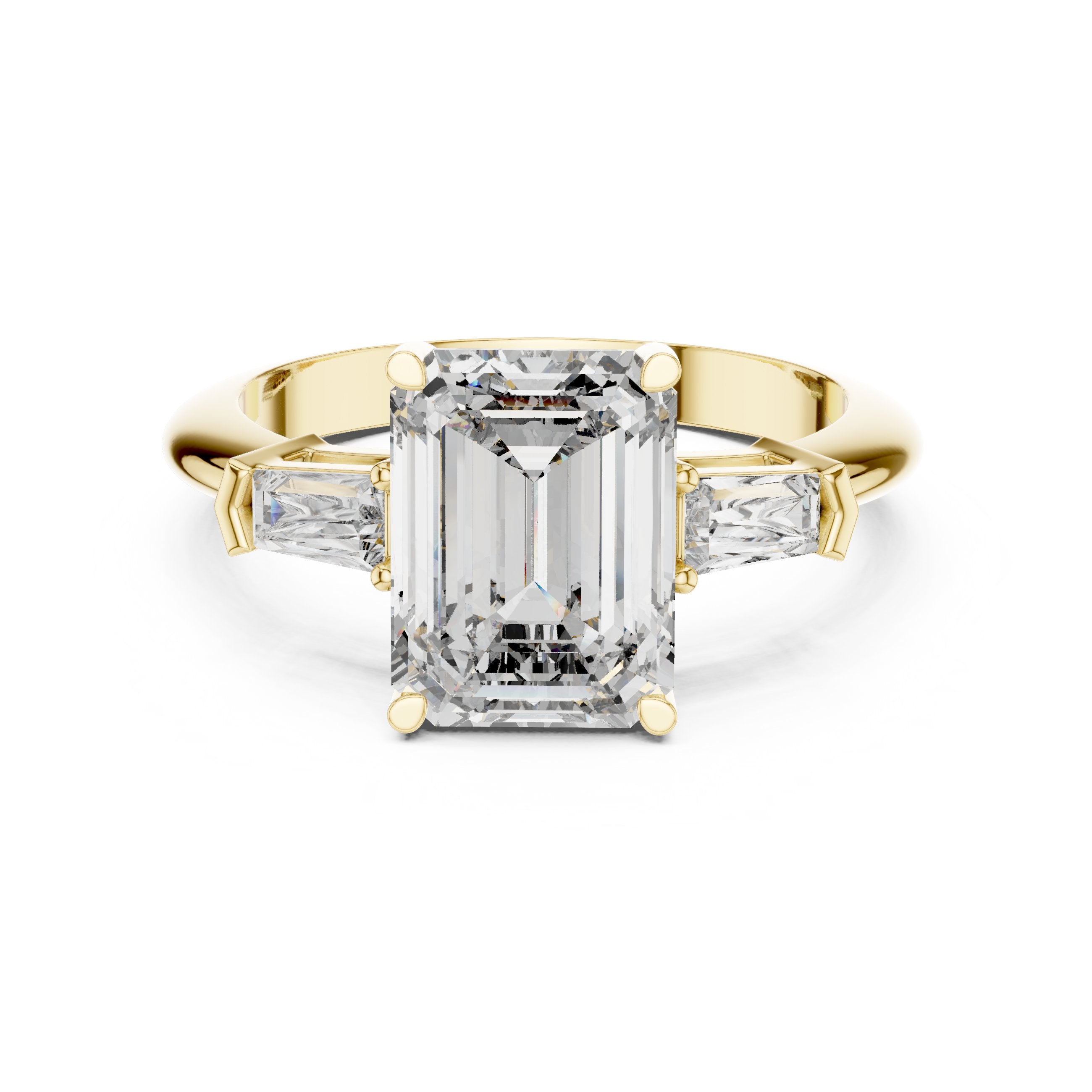 Emerald Cut Three Stone Engagement Ring with Tapered Baguette Sides in Yellow Gold - VYKA Diamonds