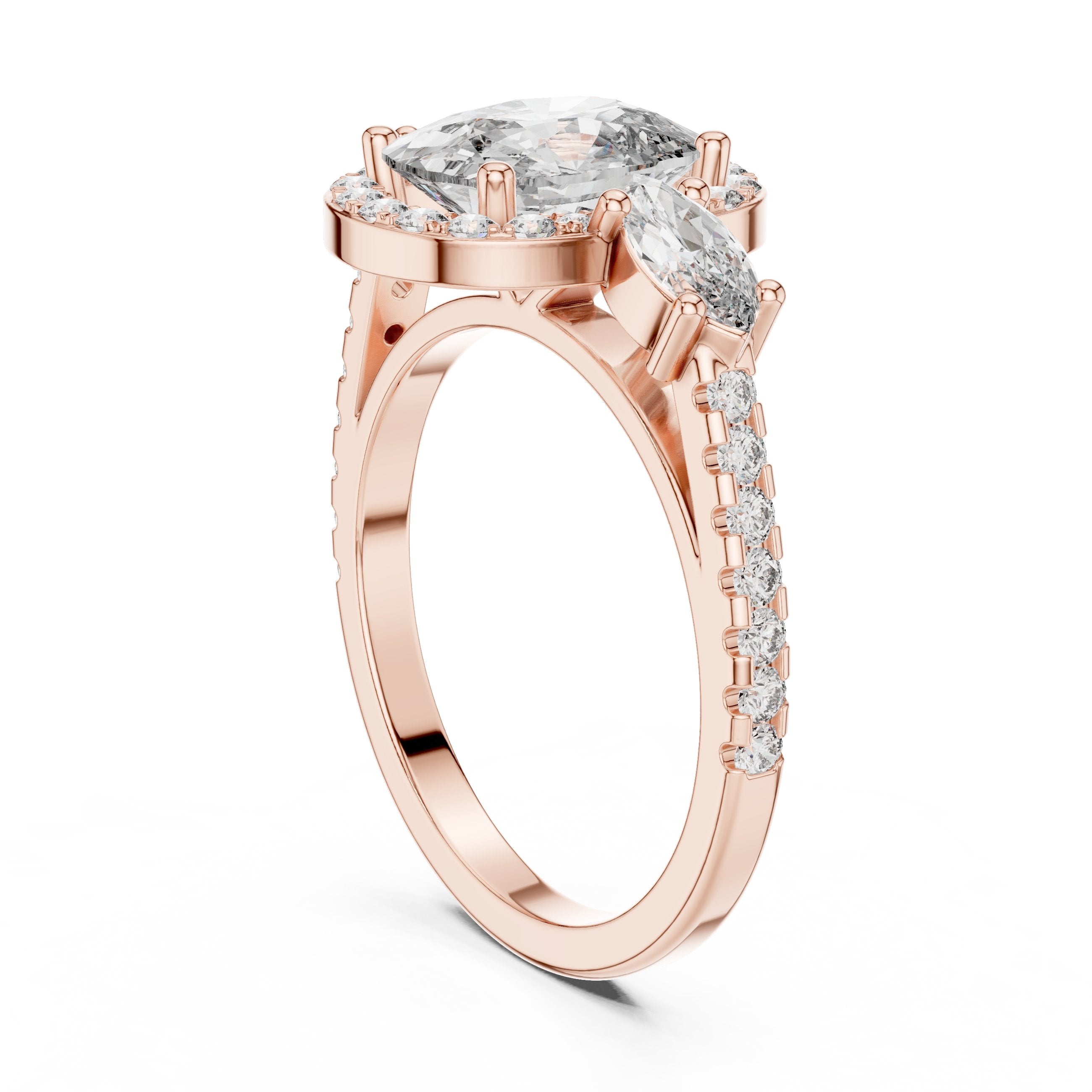 Cushion Cut Three Stone Halo Engagement Ring with Marquise Sides in Rose Gold - VYKA Diamonds