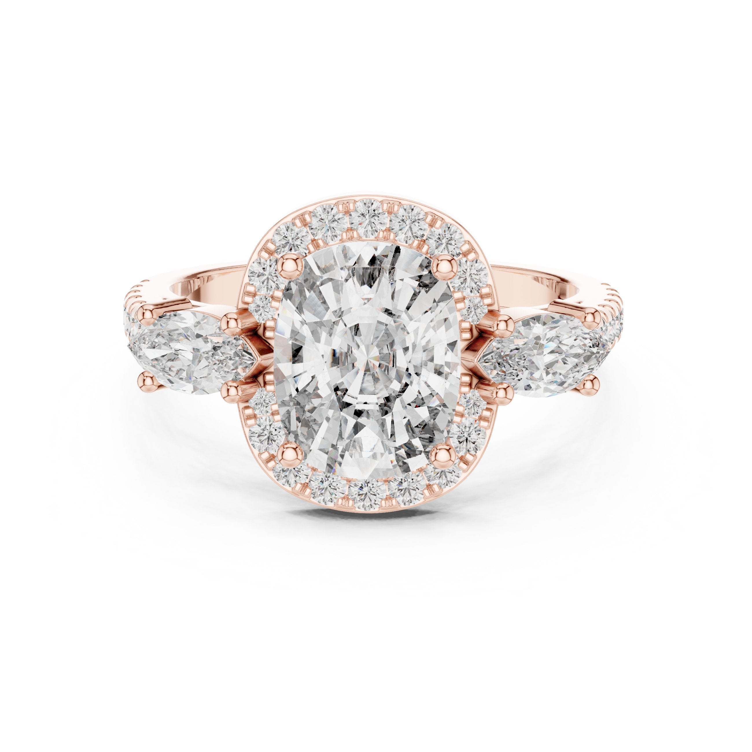 Cushion Cut Three Stone Halo Engagement Ring with Marquise Sides in Rose Gold - VYKA Diamonds
