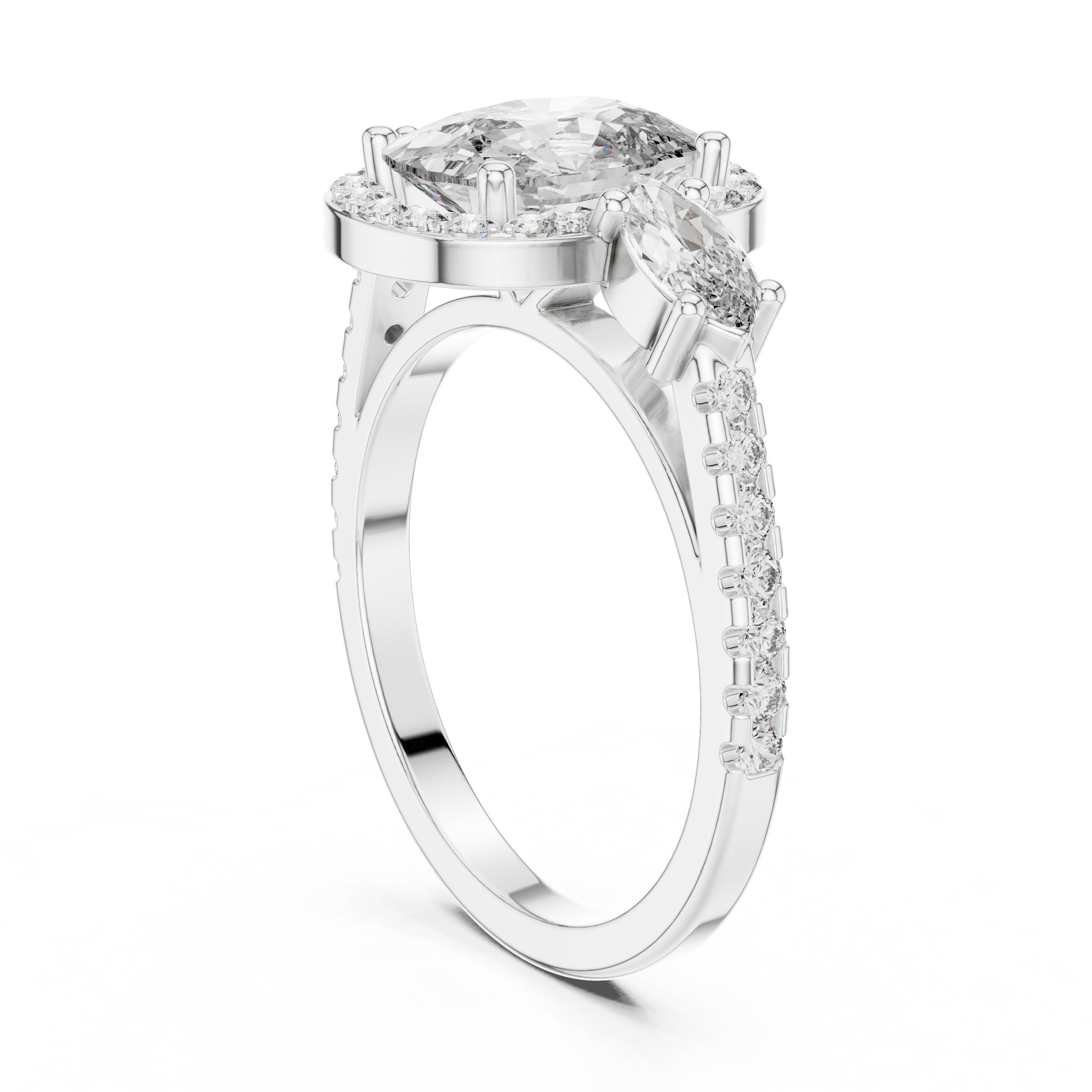 Cushion Cut Three Stone Halo Engagement Ring with Marquise Sides in White Gold - VYKA Diamonds
