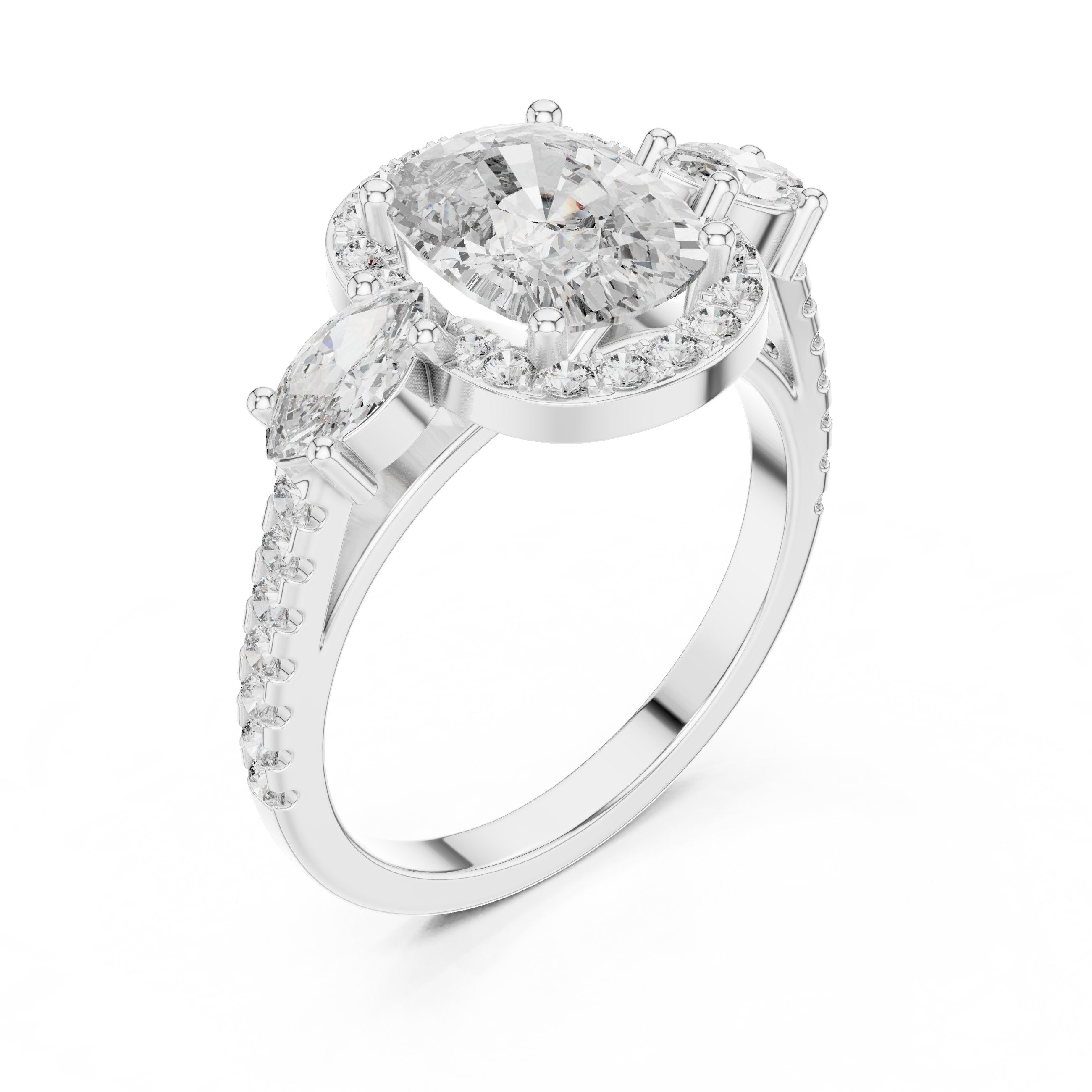 Cushion Cut Three Stone Halo Engagement Ring with Marquise Sides in White Gold - VYKA Diamonds