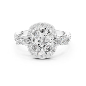 Cushion Cut Three Stone Halo Engagement Ring with Marquise Sides