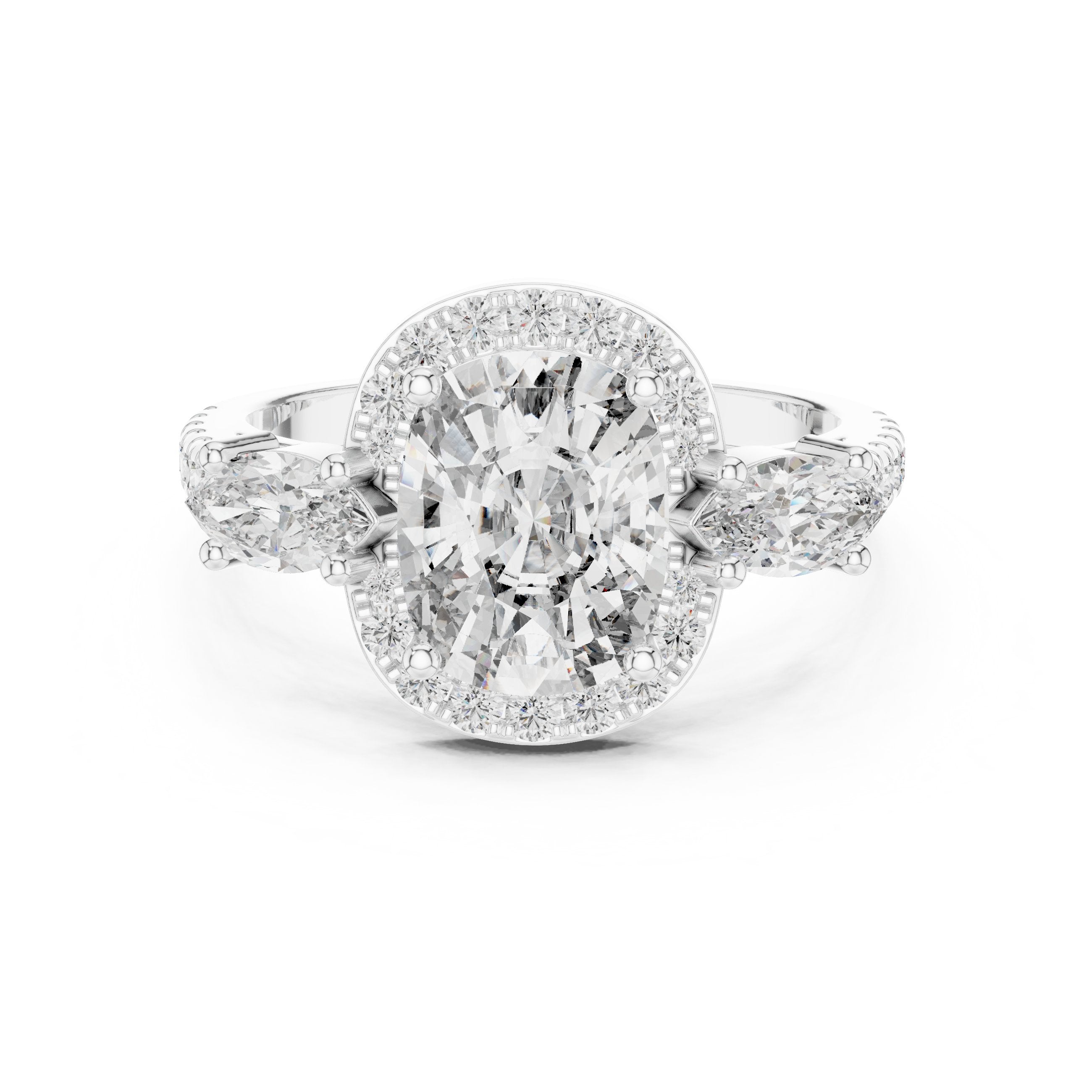 Cushion Cut Three Stone Halo Engagement Ring with Marquise Sides in White Gold - VYKA Diamonds