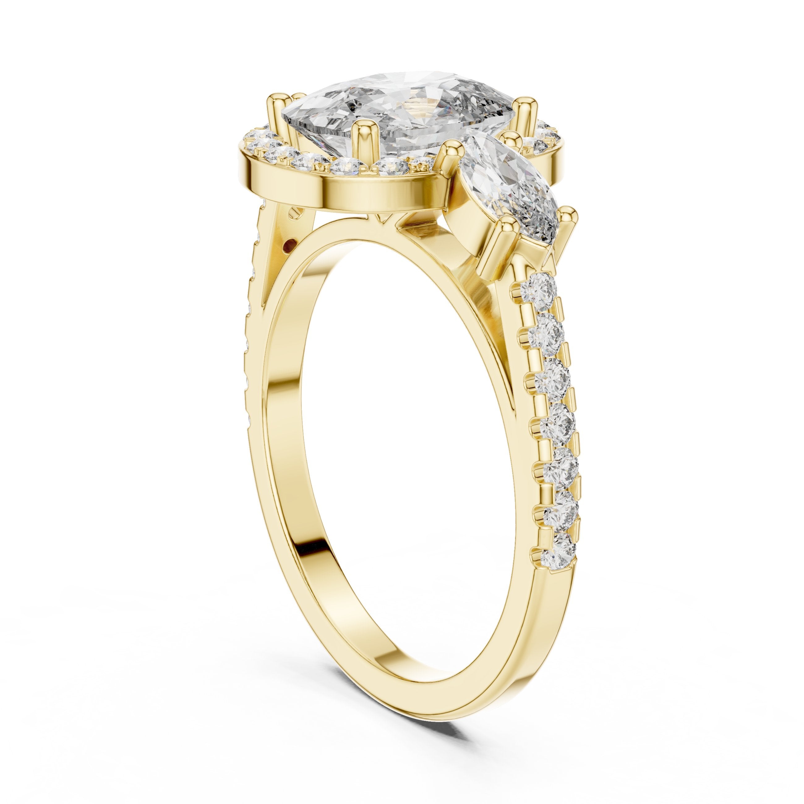 Cushion Cut Three Stone Halo Engagement Ring with Marquise Sides in Yellow Gold - VYKA Diamonds