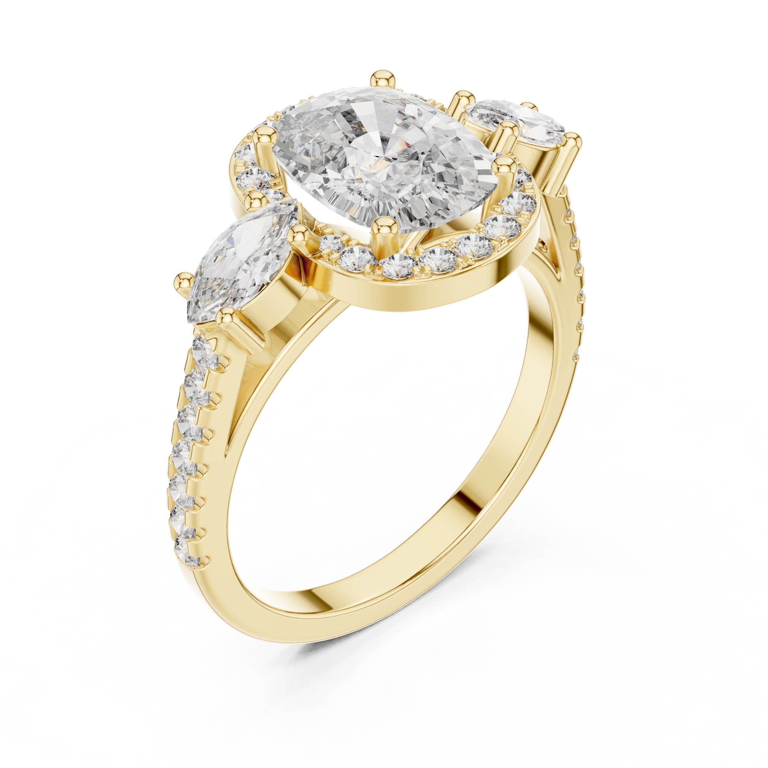 Cushion Cut Three Stone Halo Engagement Ring with Marquise Sides in Yellow Gold - VYKA Diamonds