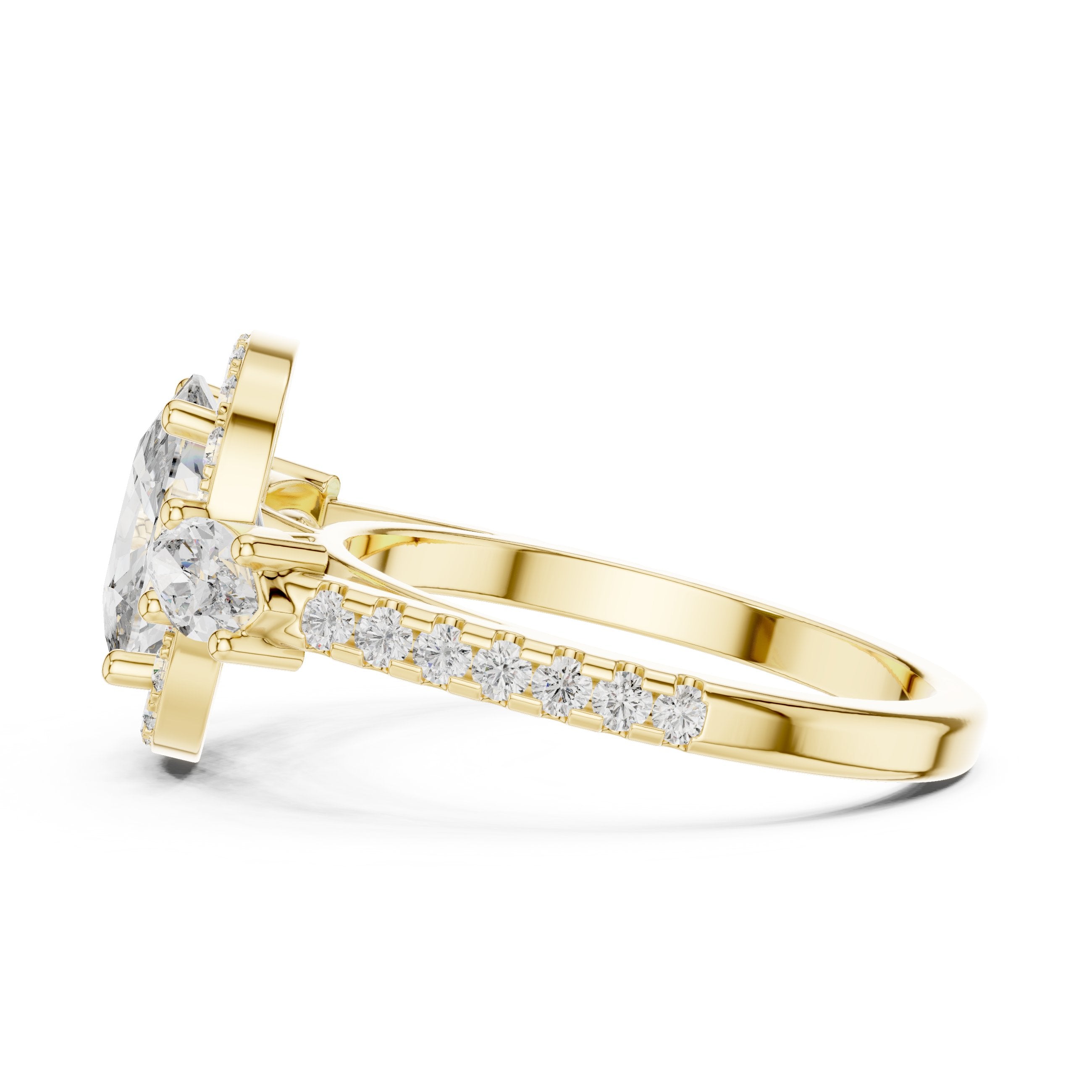 Cushion Cut Three Stone Halo Engagement Ring with Marquise Sides in Yellow Gold - VYKA Diamonds