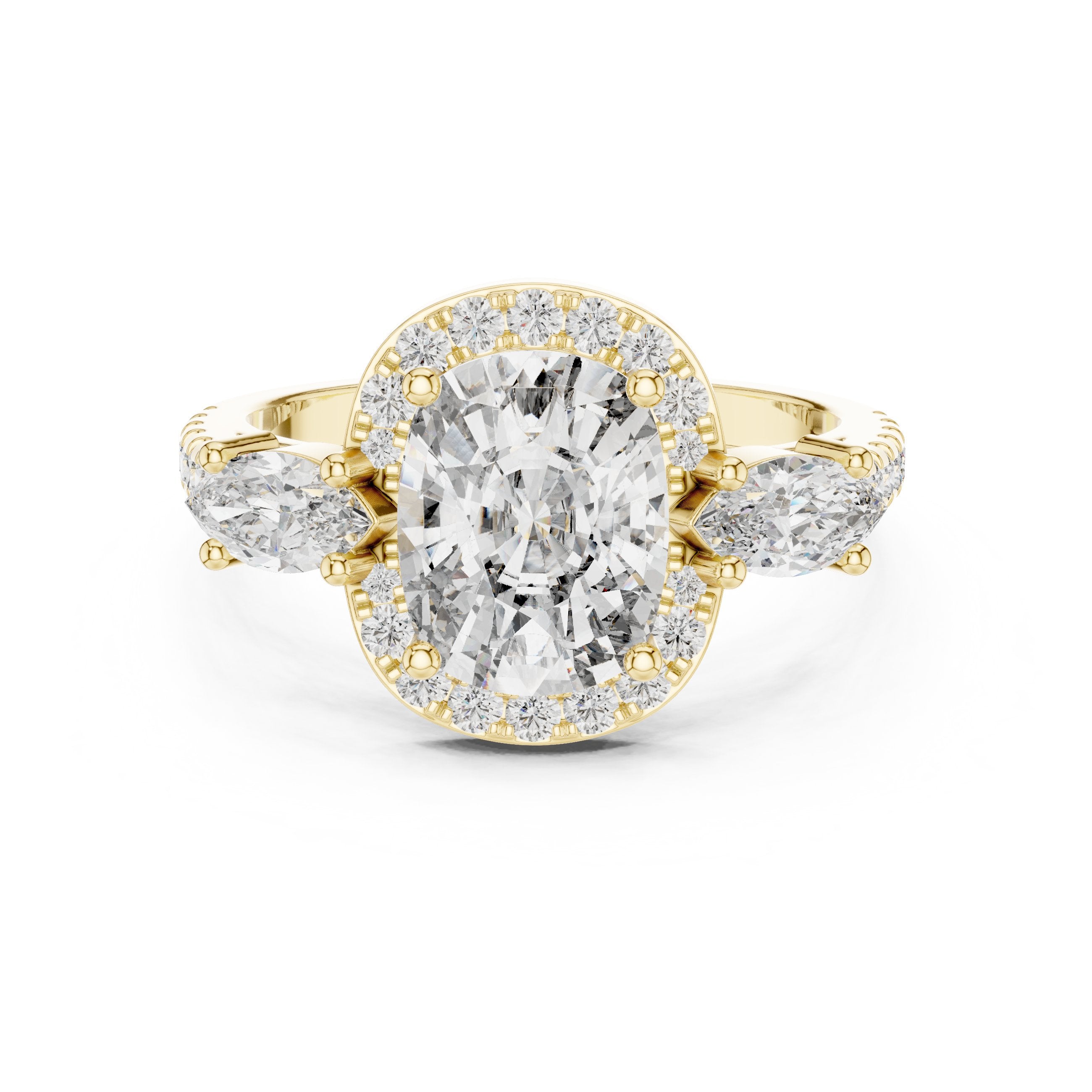 Cushion Cut Three Stone Halo Engagement Ring with Marquise Sides in Yellow Gold - VYKA Diamonds