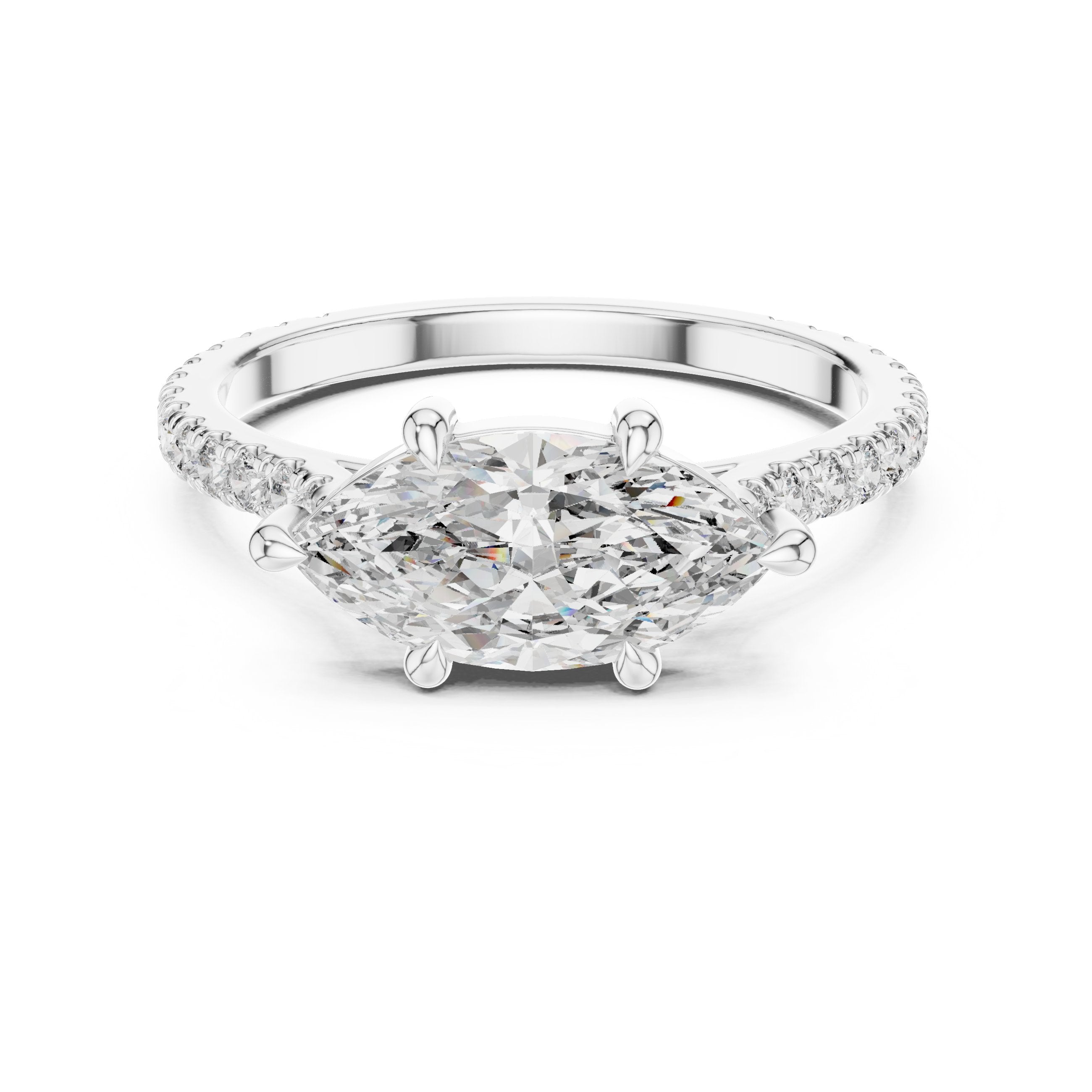 Marquise Cut Engagement Ring with Pavé Band in White Gold - VYKA Diamonds
