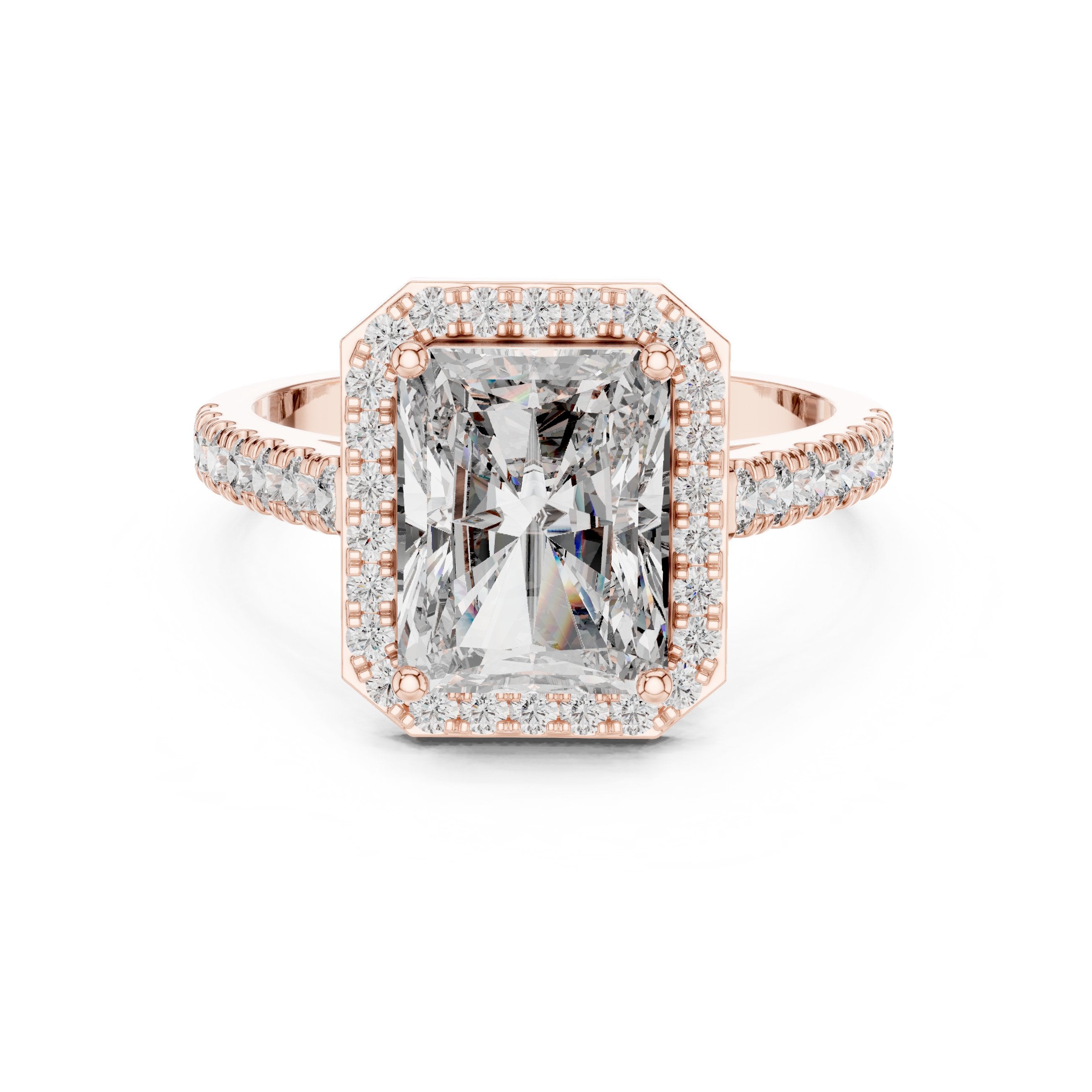 Radiant Cut Halo Engagement Ring with Pavé Band in Rose Gold - VYKA Diamonds