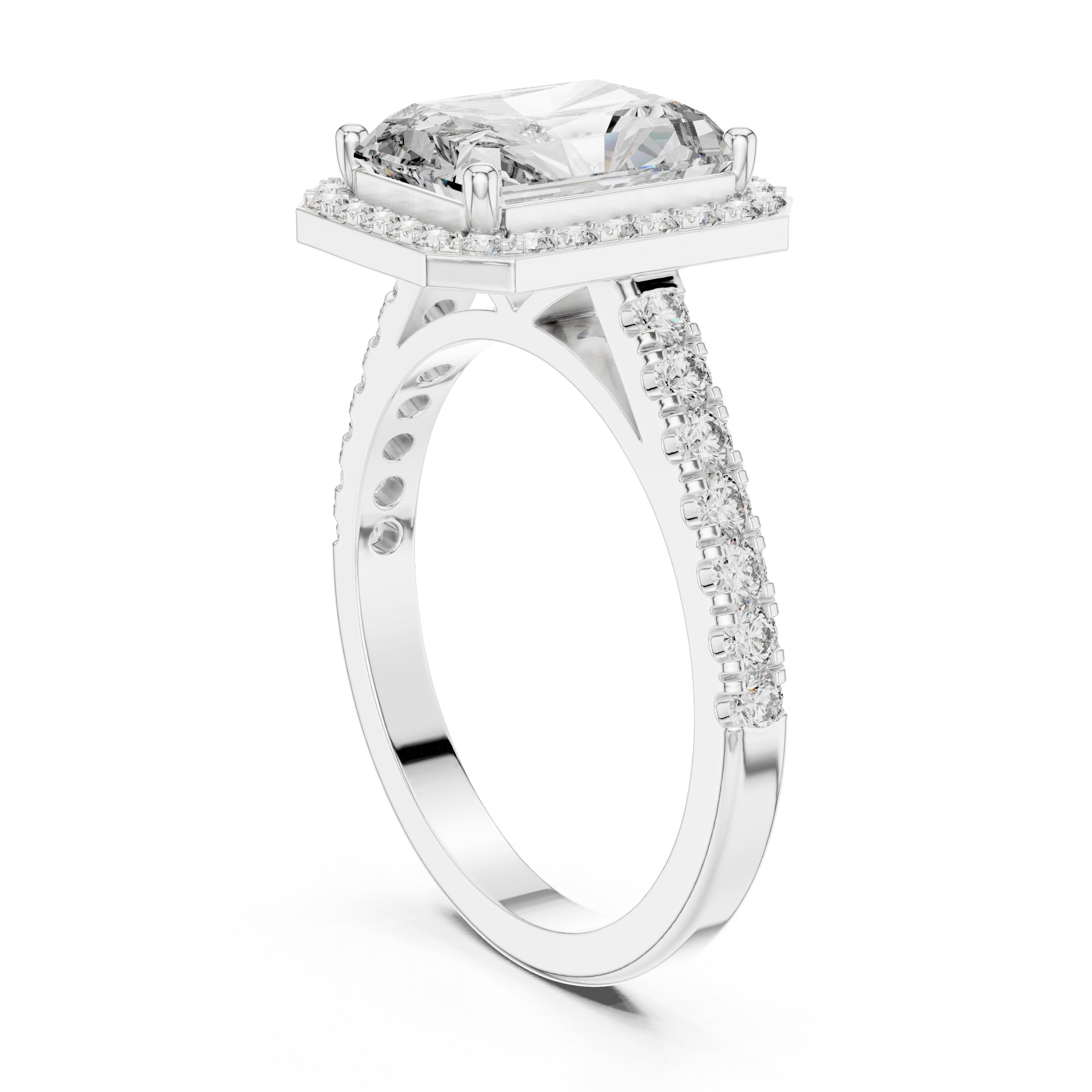 Radiant Cut Halo Engagement Ring with Pavé Band in White Gold - VYKA Diamonds